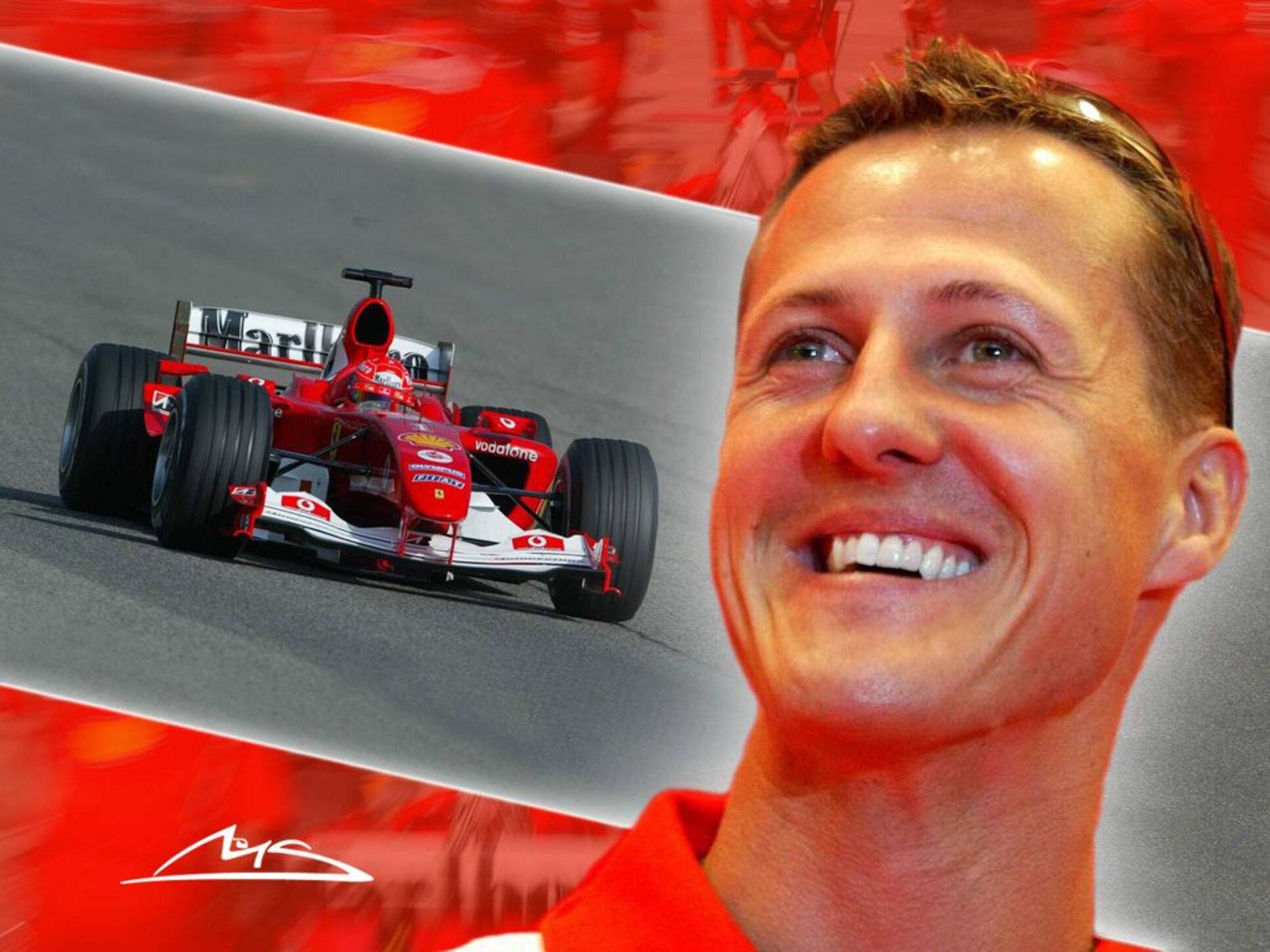Michael Schumacher, red shirt, red Ferrari Formula 1 car, Full HD Desktop Wallpaper