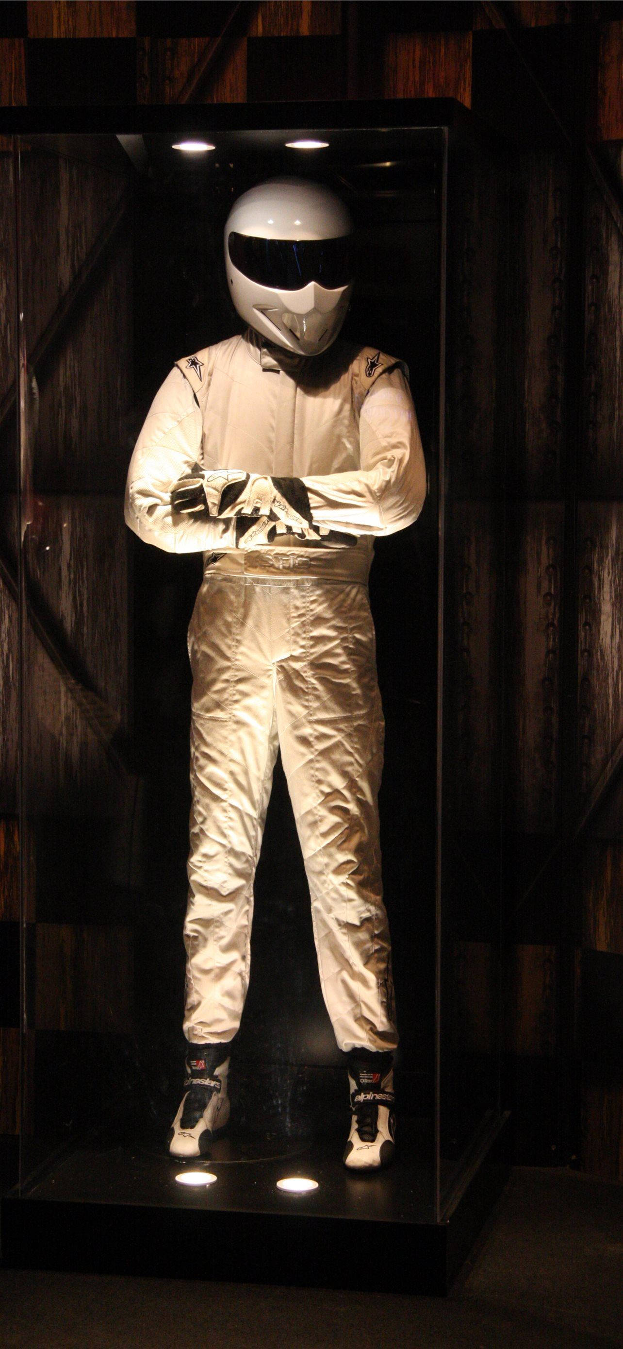 white racing suit, helmet, glass case, 2K Phone Wallpaper
