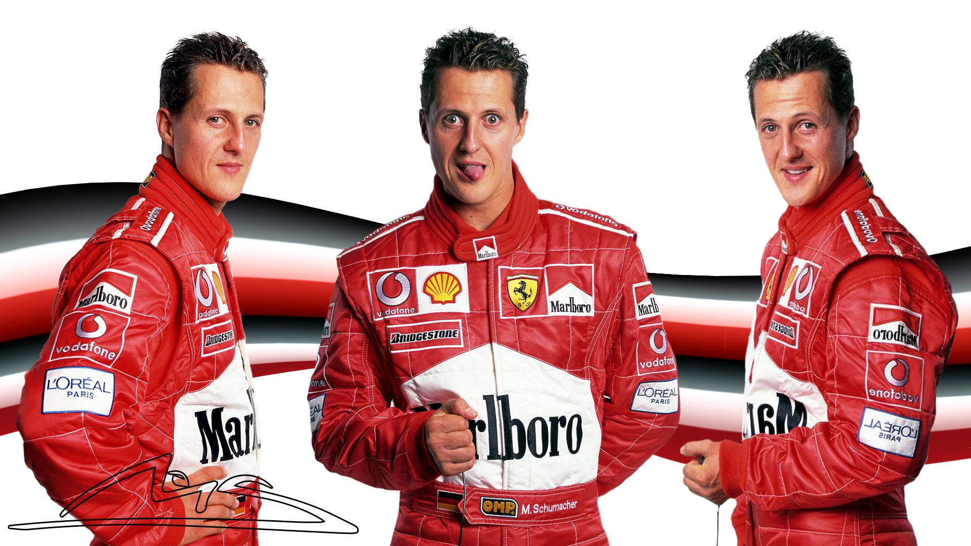 Michael Schumacher, red Ferrari racing suits, sponsor logos, Full HD Desktop Wallpaper