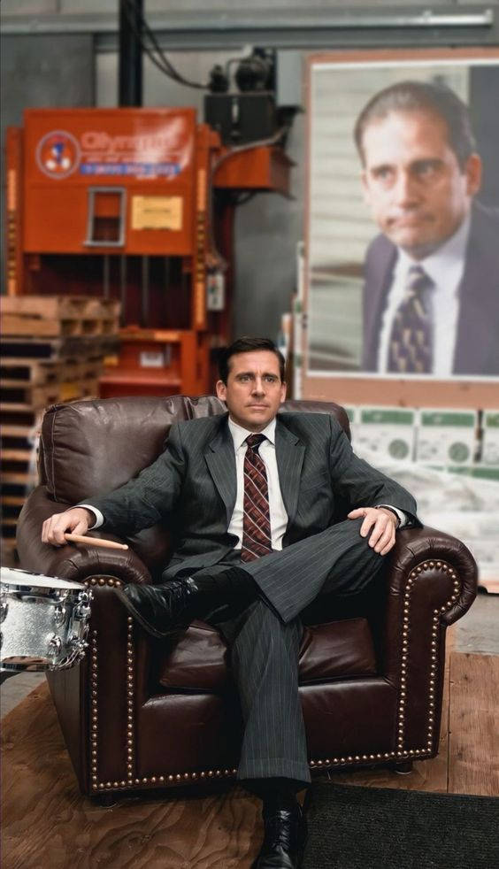 Michael Scott, pinstripe suit, brown leather armchair, SD Phone Wallpaper