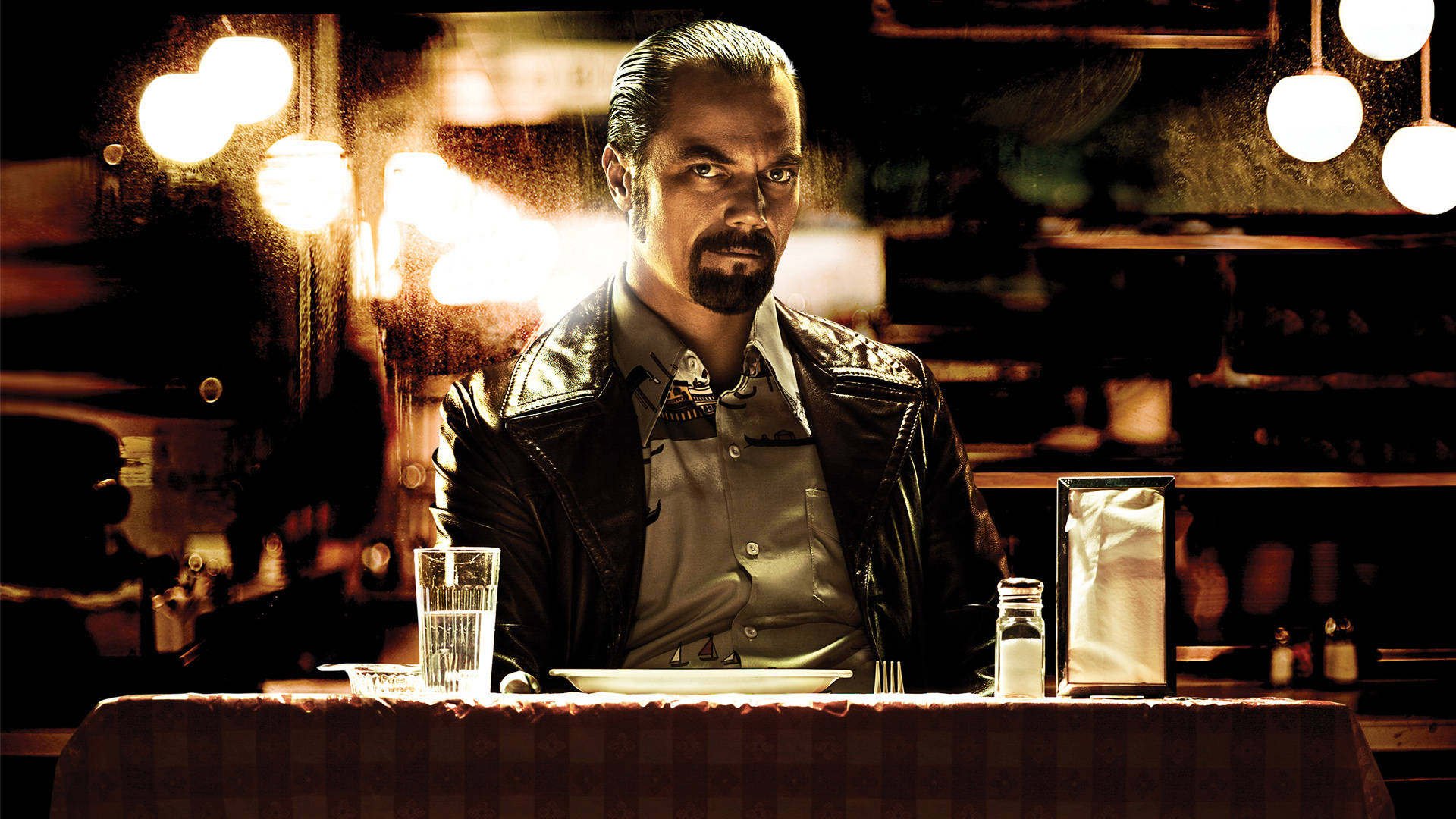 Michael Shannon, leather jacket, dimly lit restaurant table, Full HD Desktop Wallpaper