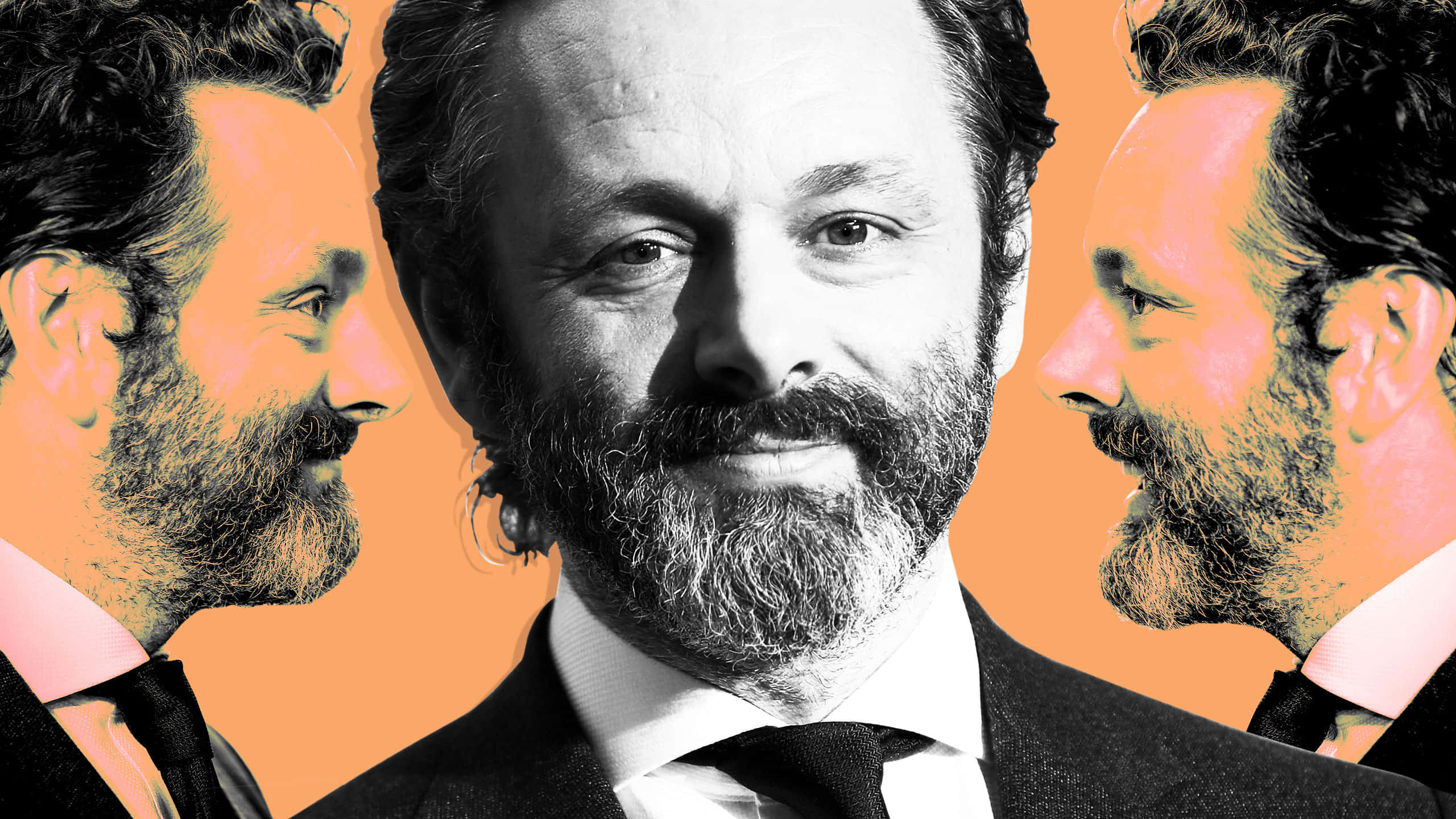 Michael Sheen, black and white, vibrant orange background, 2K Desktop Wallpaper
