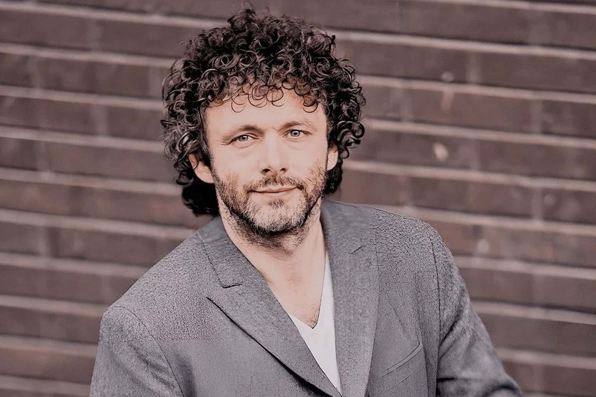 Michael Sheen, gray blazer, brick wall, Full HD Desktop Wallpaper