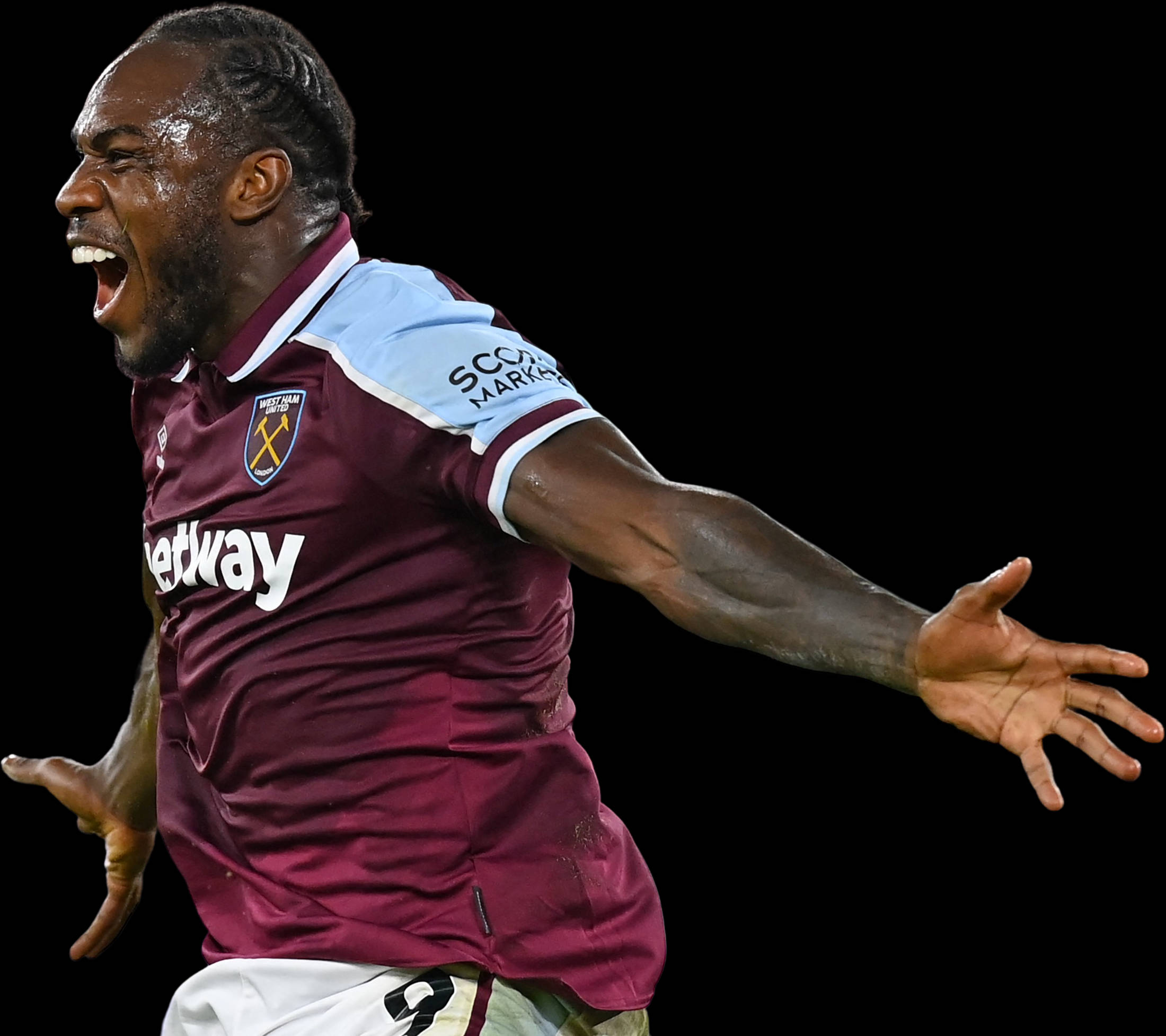 Michail Antonio, maroon and light blue jersey, black background, Full HD Desktop Wallpaper