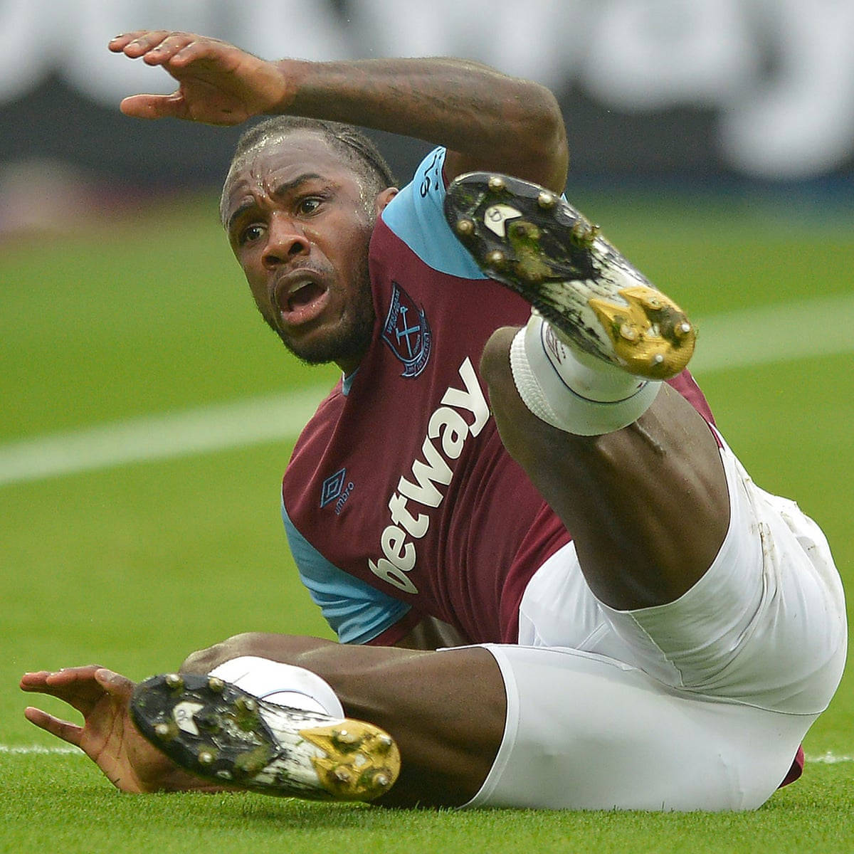 Michail Antonio, maroon and light blue kit, grass, SD Desktop Wallpaper