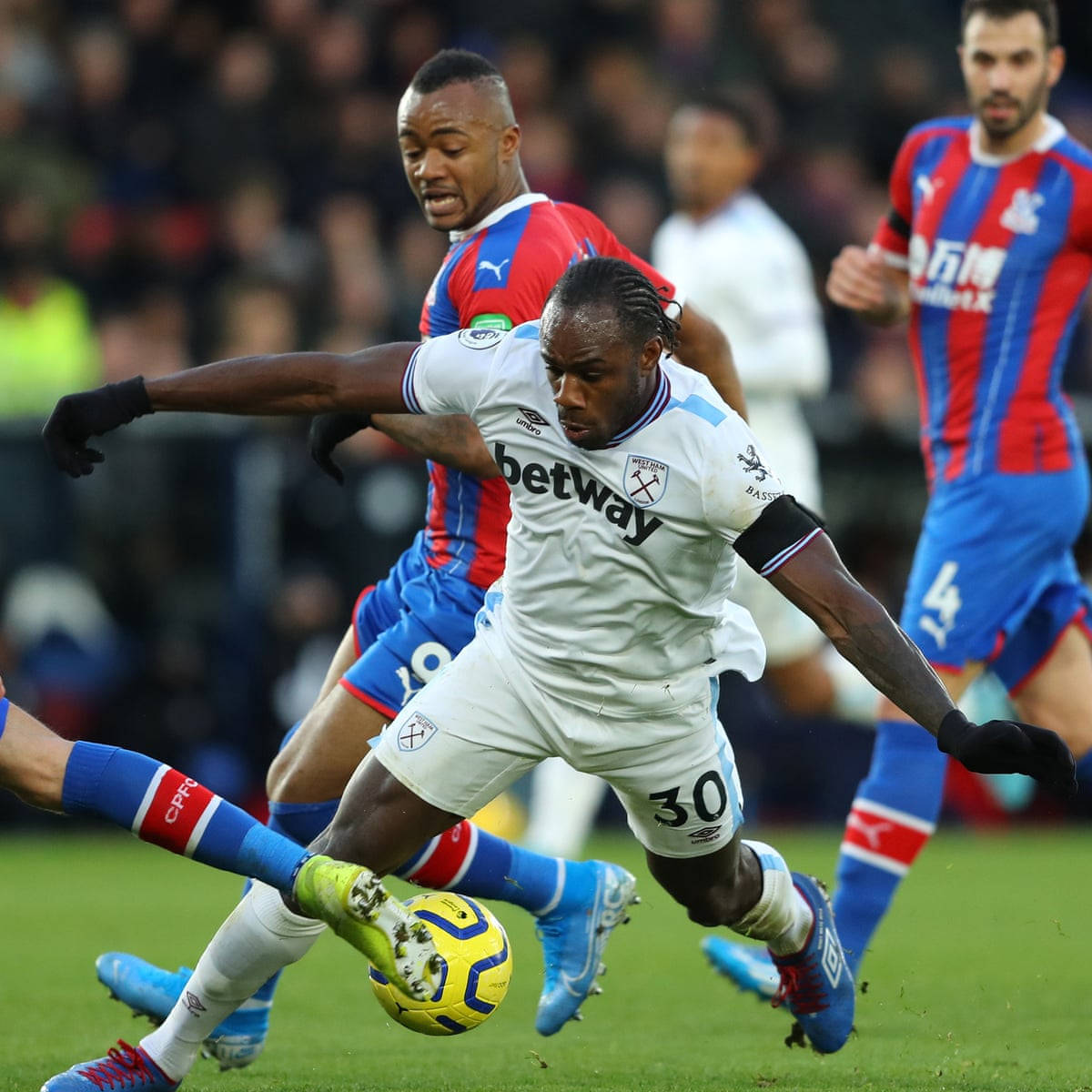 Michail Antonio, yellow ball, white jersey, SD Desktop Wallpaper