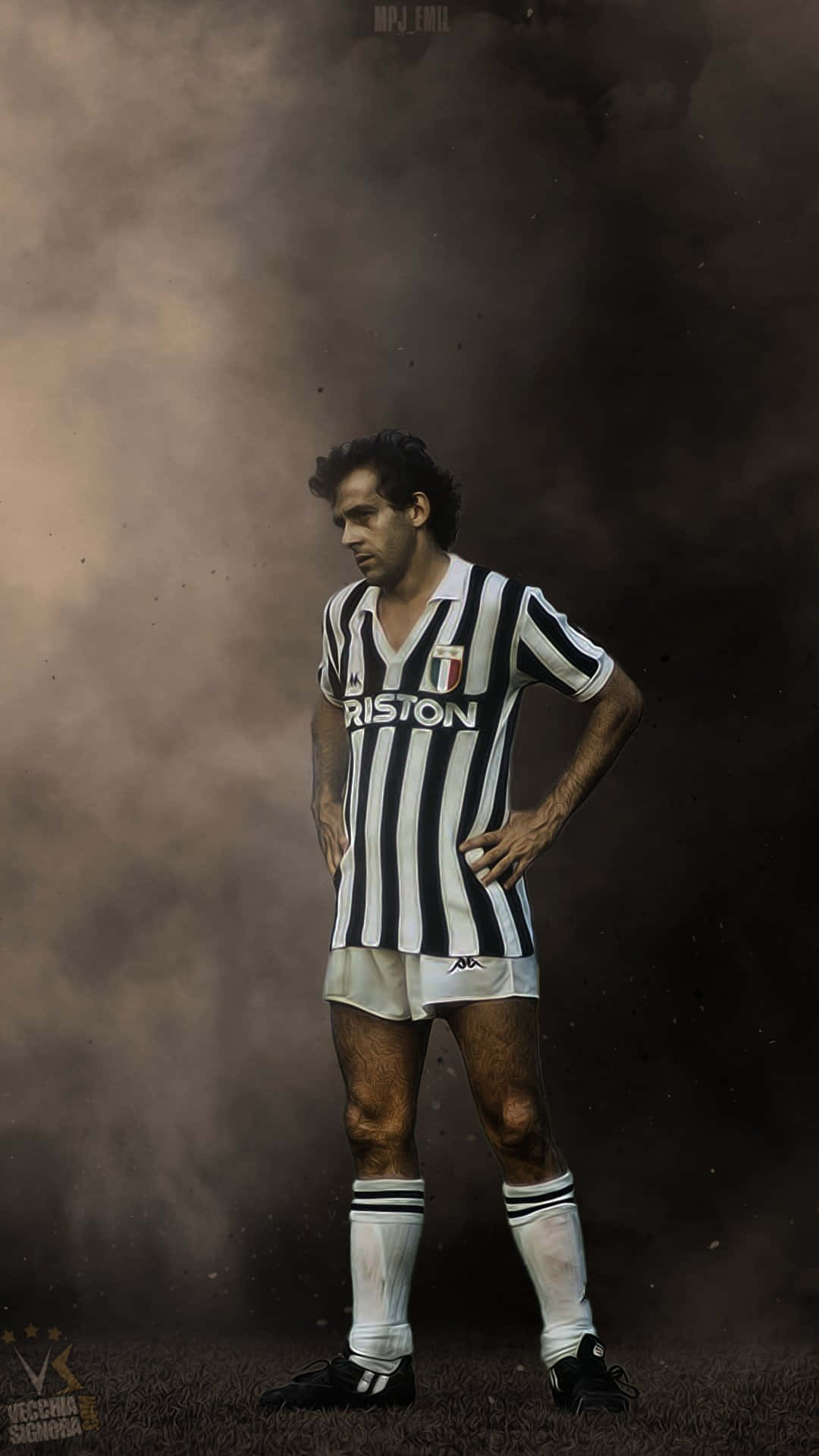 Michel Platini, black and white striped jersey, smoky dark background, Full HD Phone Wallpaper