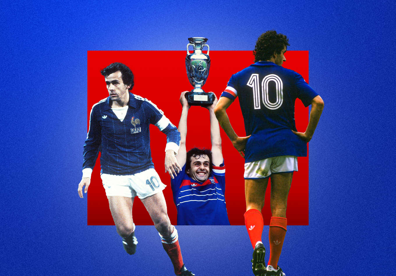 Michel Platini, vintage blue jerseys, gleaming trophy, HD Desktop Wallpaper