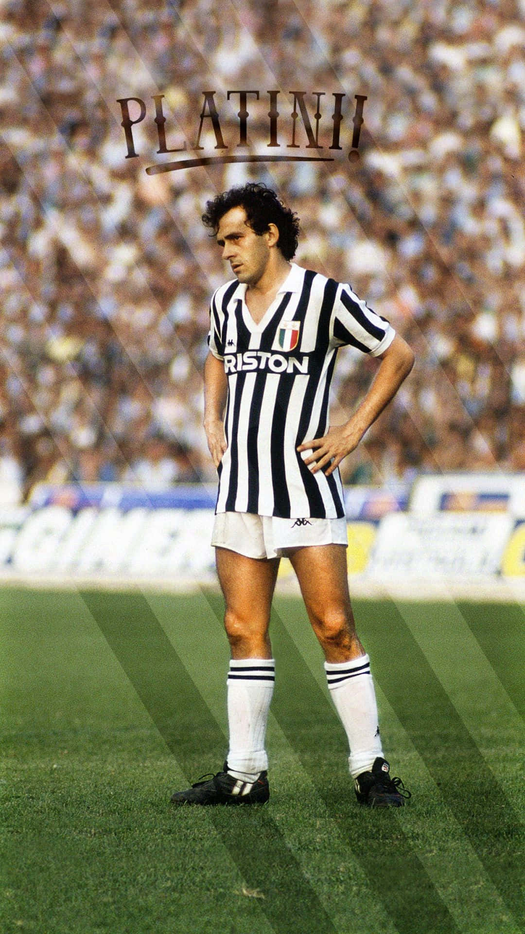 Michel Platini, black and white striped jersey, sunlit green pitch, Full HD Phone Wallpaper