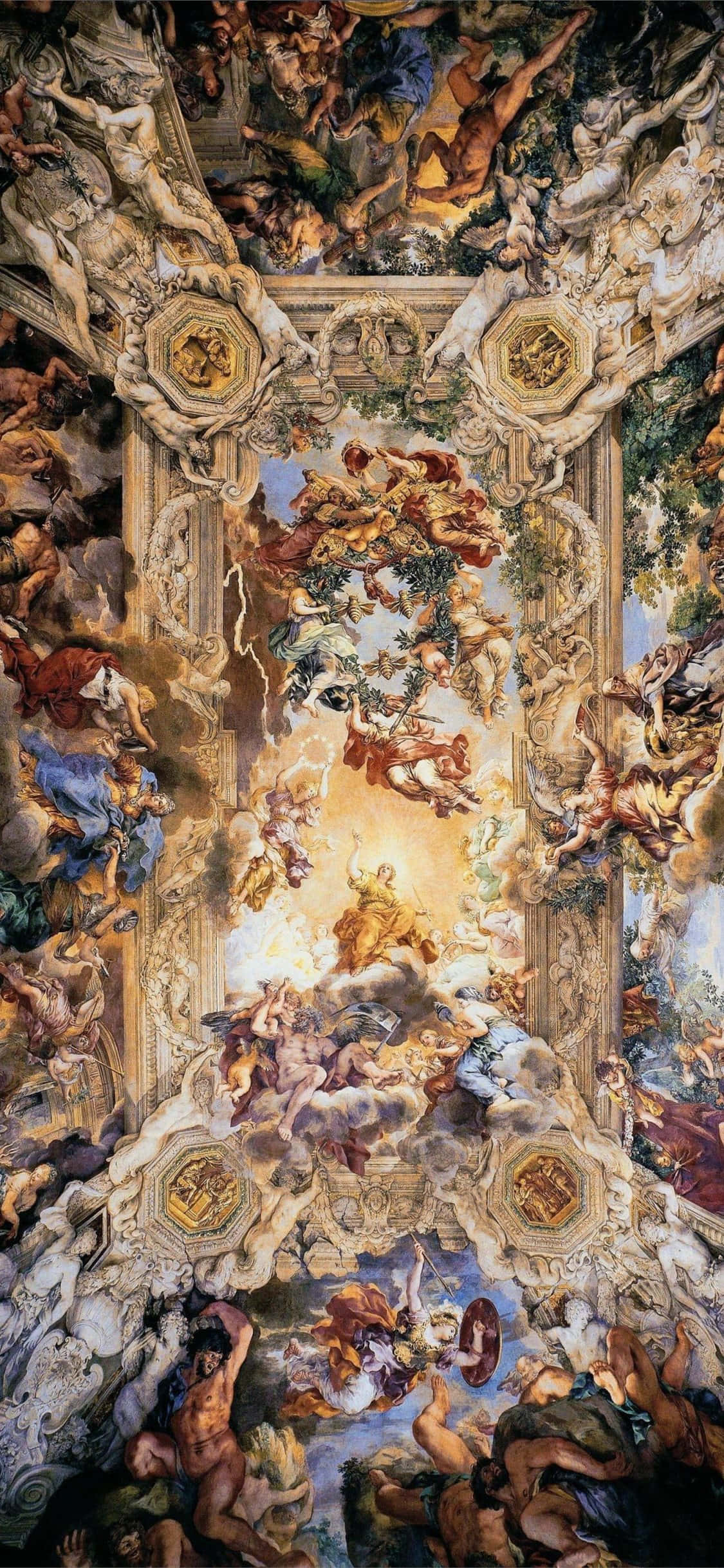 Michelangelo, baroque ceiling fresco, mythological figures, Full HD Phone Wallpaper