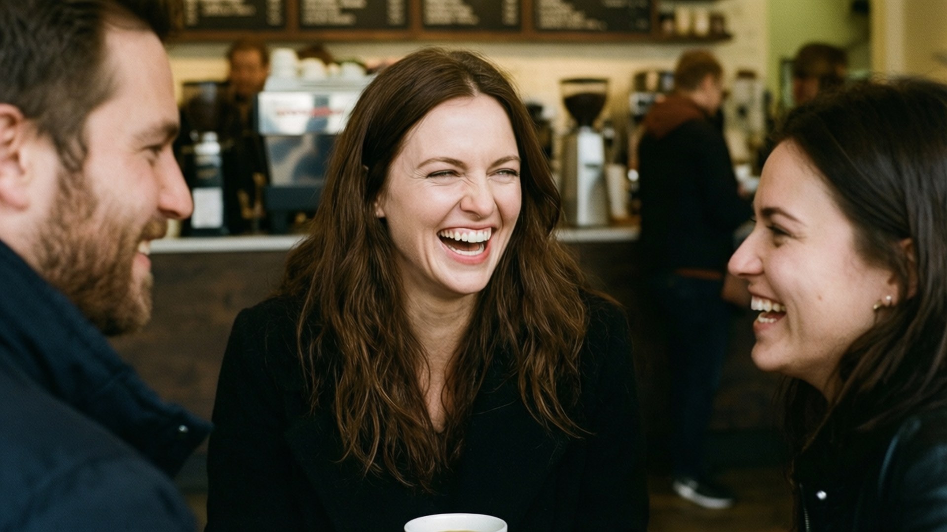 Michelle Trachtenberg, coffee shop, laugh, Full HD Desktop Wallpaper