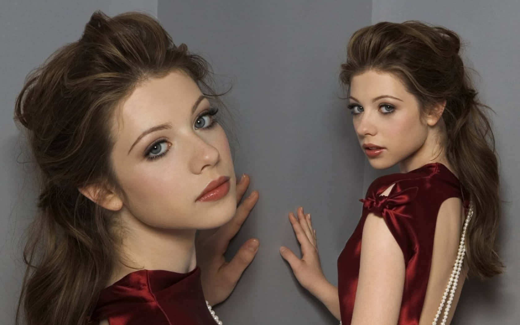 Michelle Trachtenberg, red satin dress, pearl necklace, HD Desktop Wallpaper