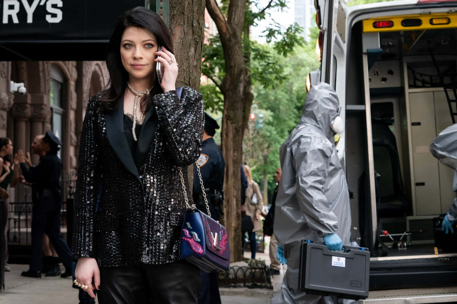 Michelle Trachtenberg, sparkling black blazer, hazmat suits, HD Desktop Wallpaper