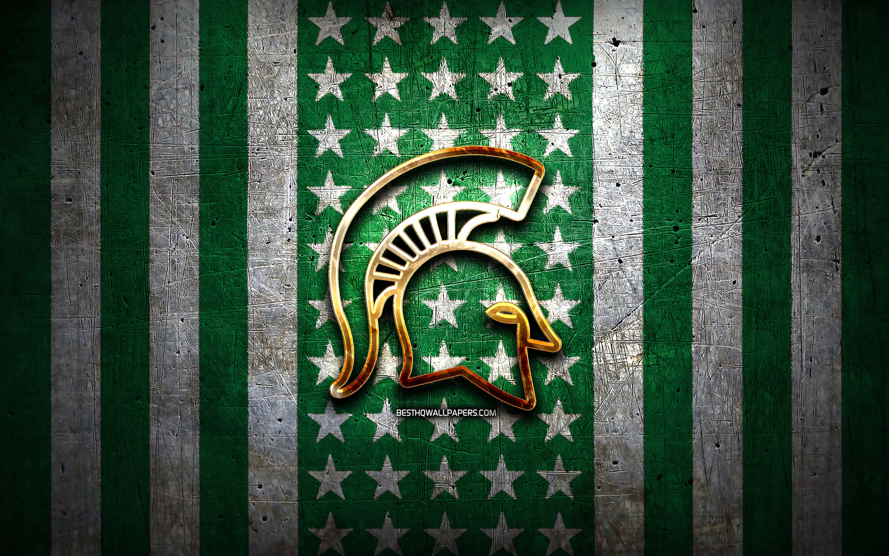 Michigan State Spartans, gold Spartan helmet emblem, weathered green and silver striped background, 2K Desktop Wallpaper