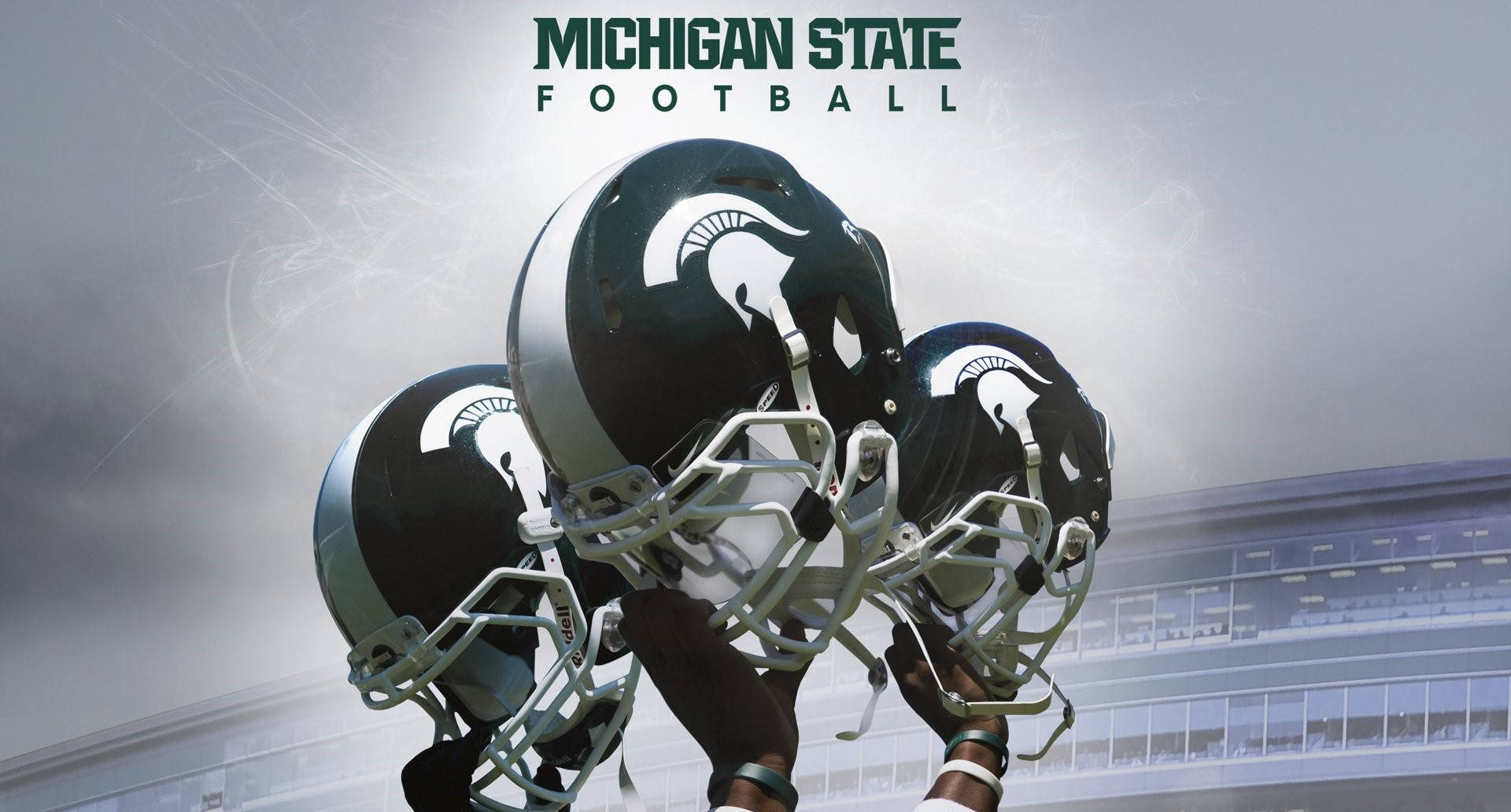 Michigan State University, football helmets, stadium backdrop, Full HD Desktop Wallpaper