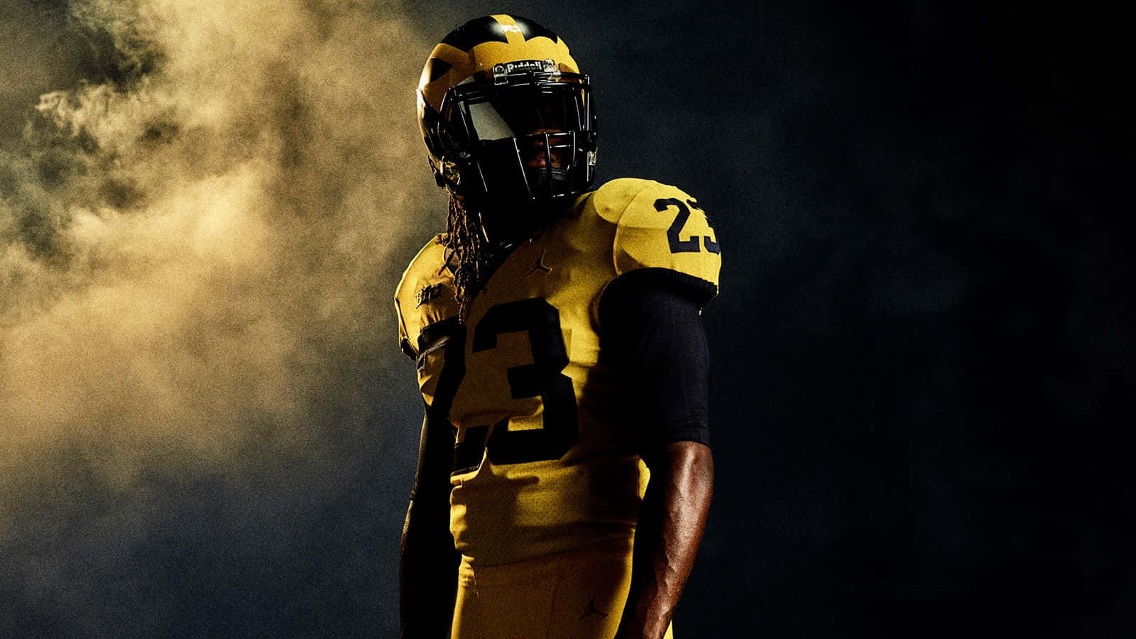 Michigan Wolverines, yellow and black uniform, golden smoke, HD Desktop Wallpaper
