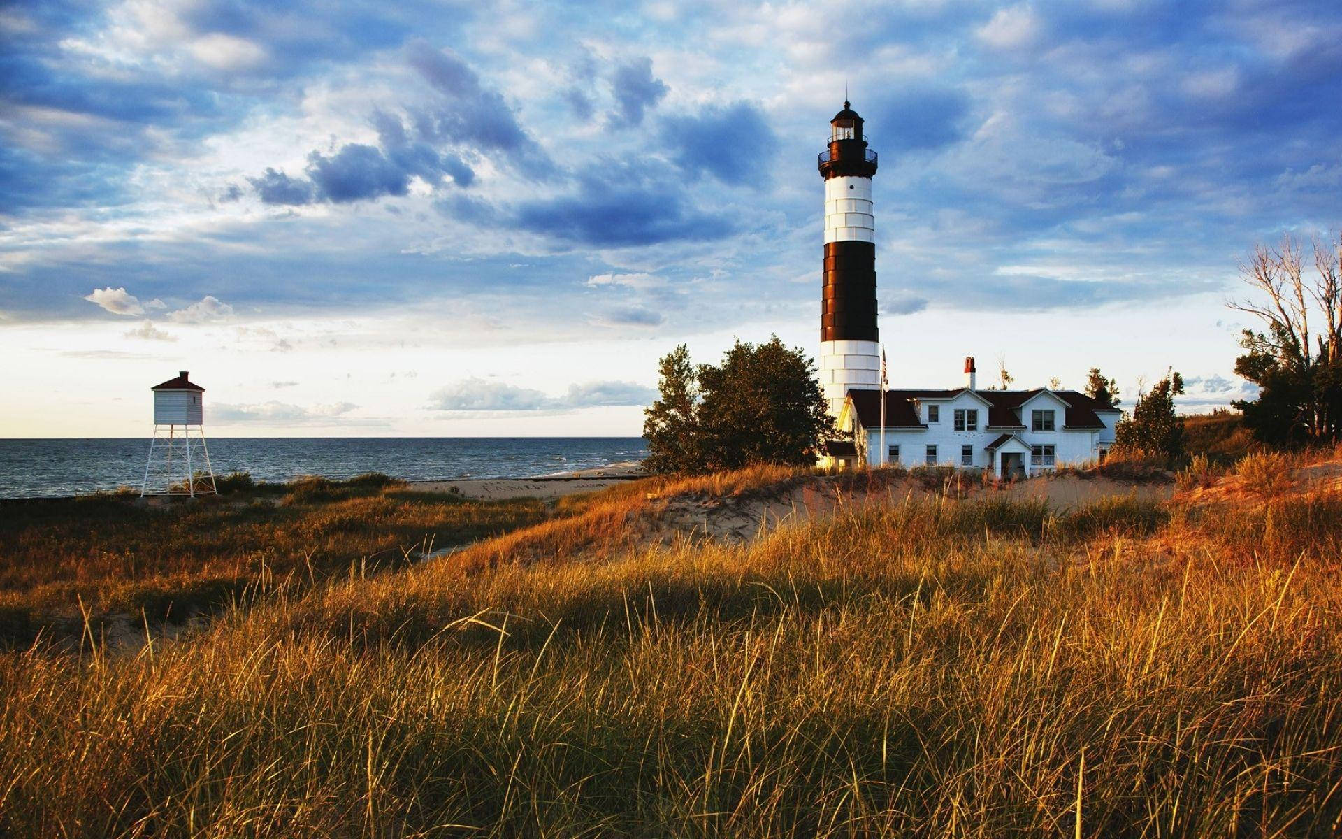 Lake Michigan, sunset, lighthouse, Full HD Desktop Wallpaper