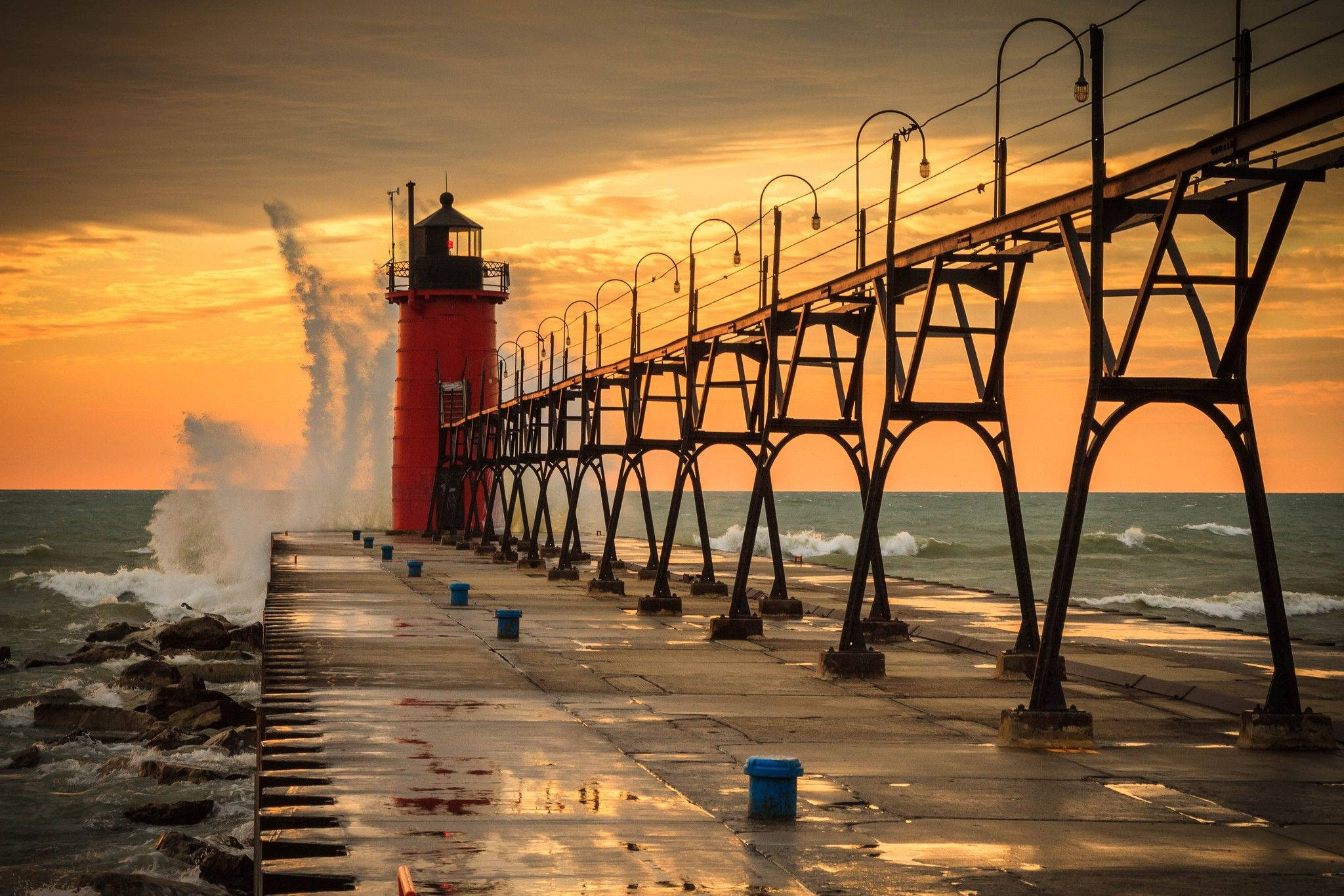 Michigan, sunset, lighthouse, Full HD Desktop Wallpaper