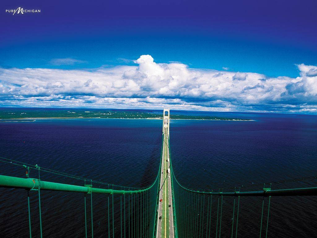 Michigan, vibrant autumn foliage, green suspension bridge, SD Desktop Wallpaper