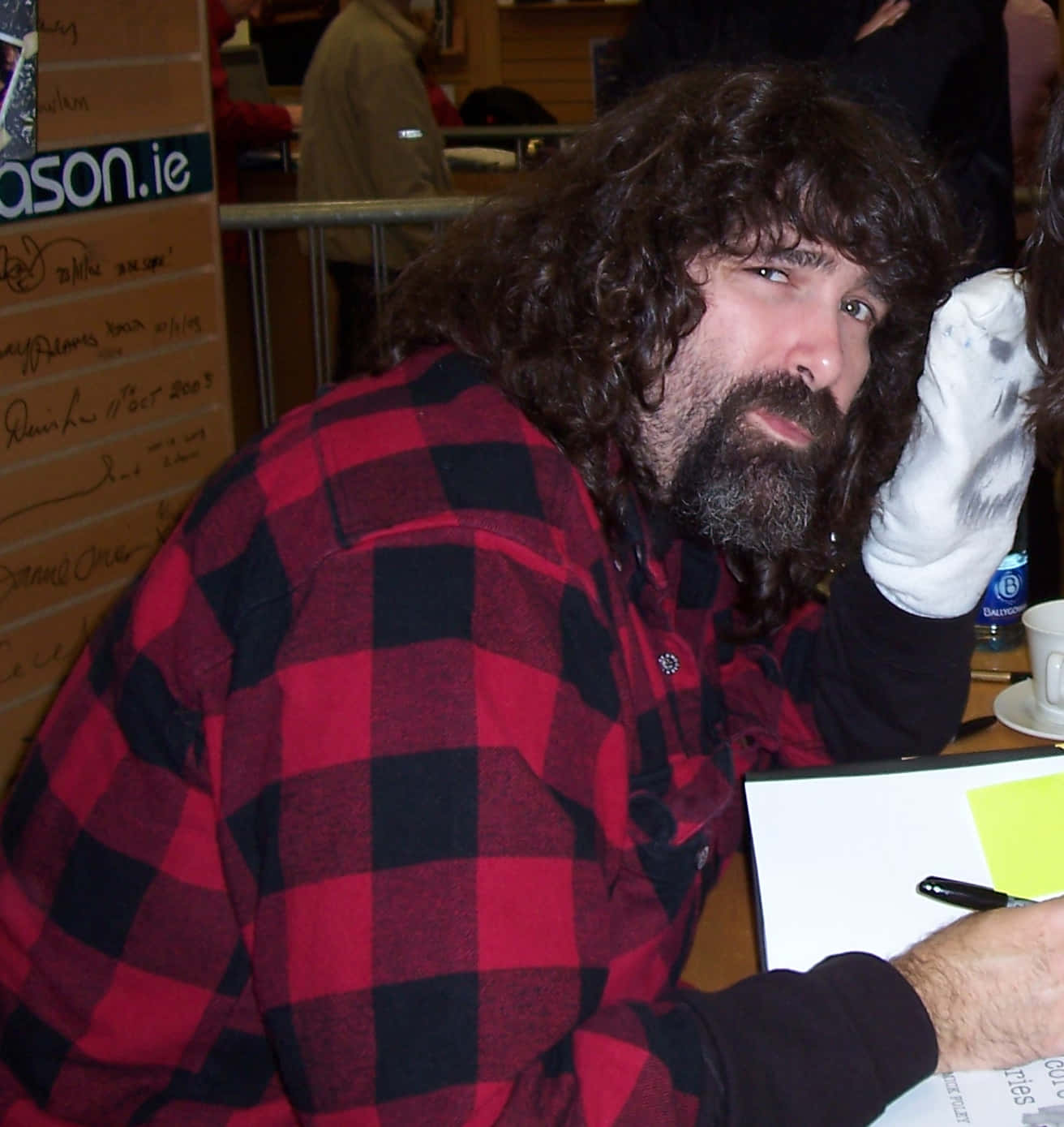 Mick Foley, book signing event, red and black plaid shirt, HD Phone Wallpaper