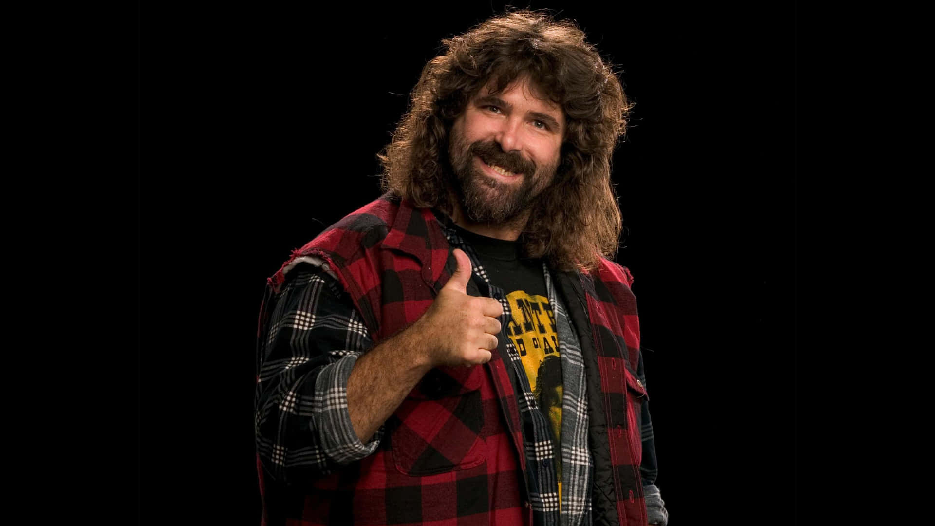 Mick Foley, red plaid shirt, long curly hair, Full HD Desktop Wallpaper
