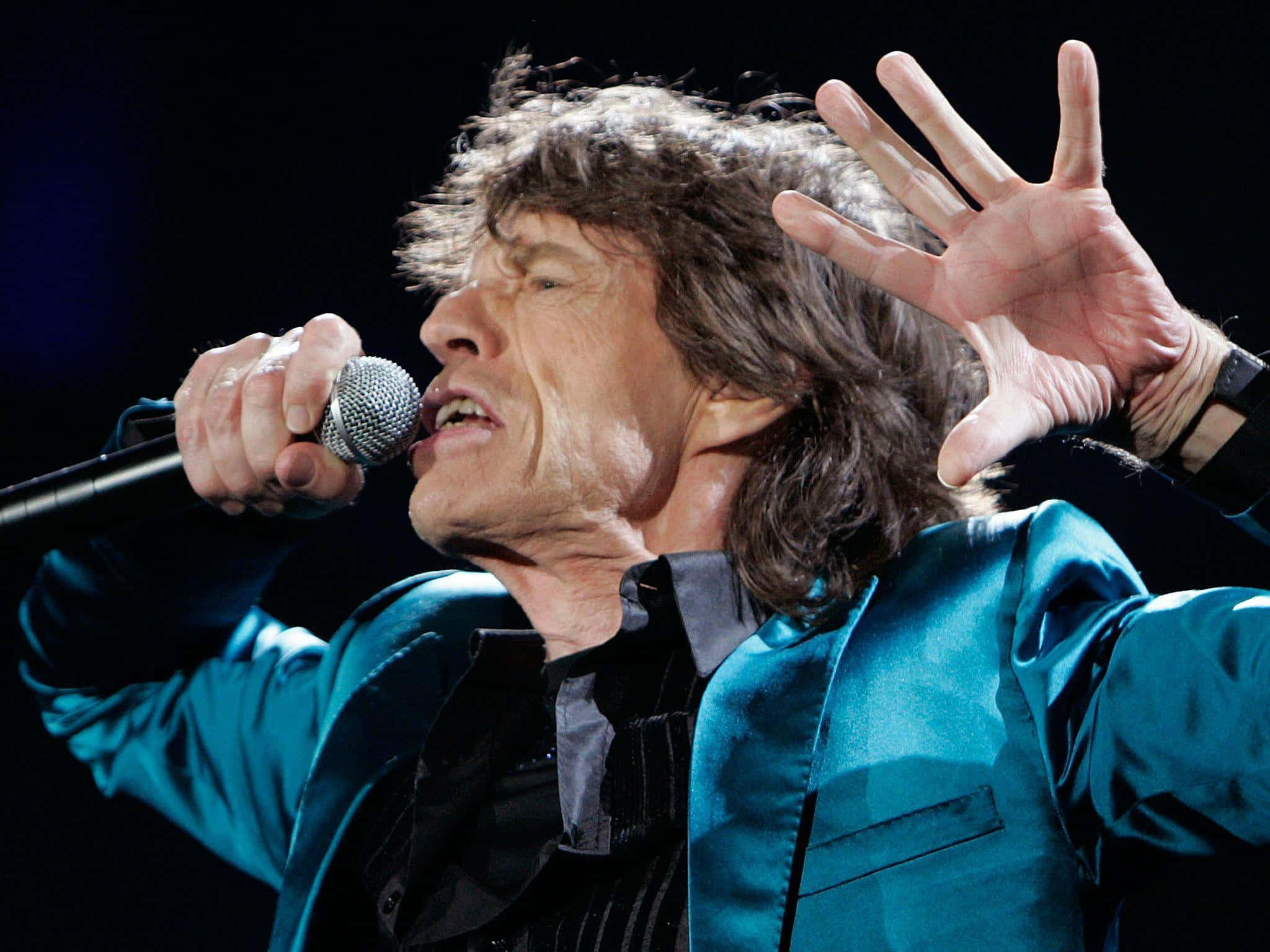 Mick Jagger, shiny teal jacket, stage lights, Full HD Desktop Wallpaper