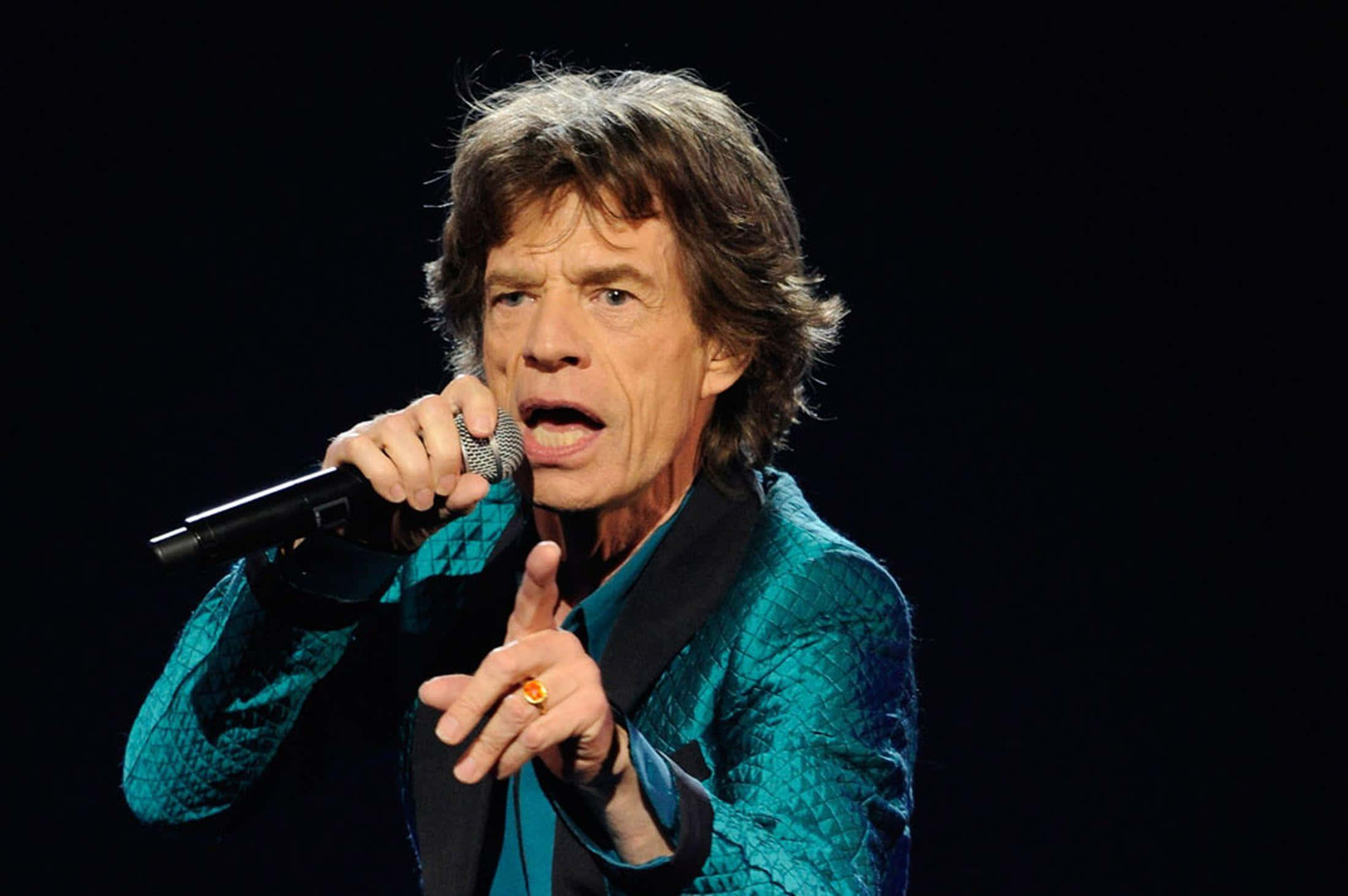 Mick Jagger, textured teal jacket, black background, Full HD Desktop Wallpaper