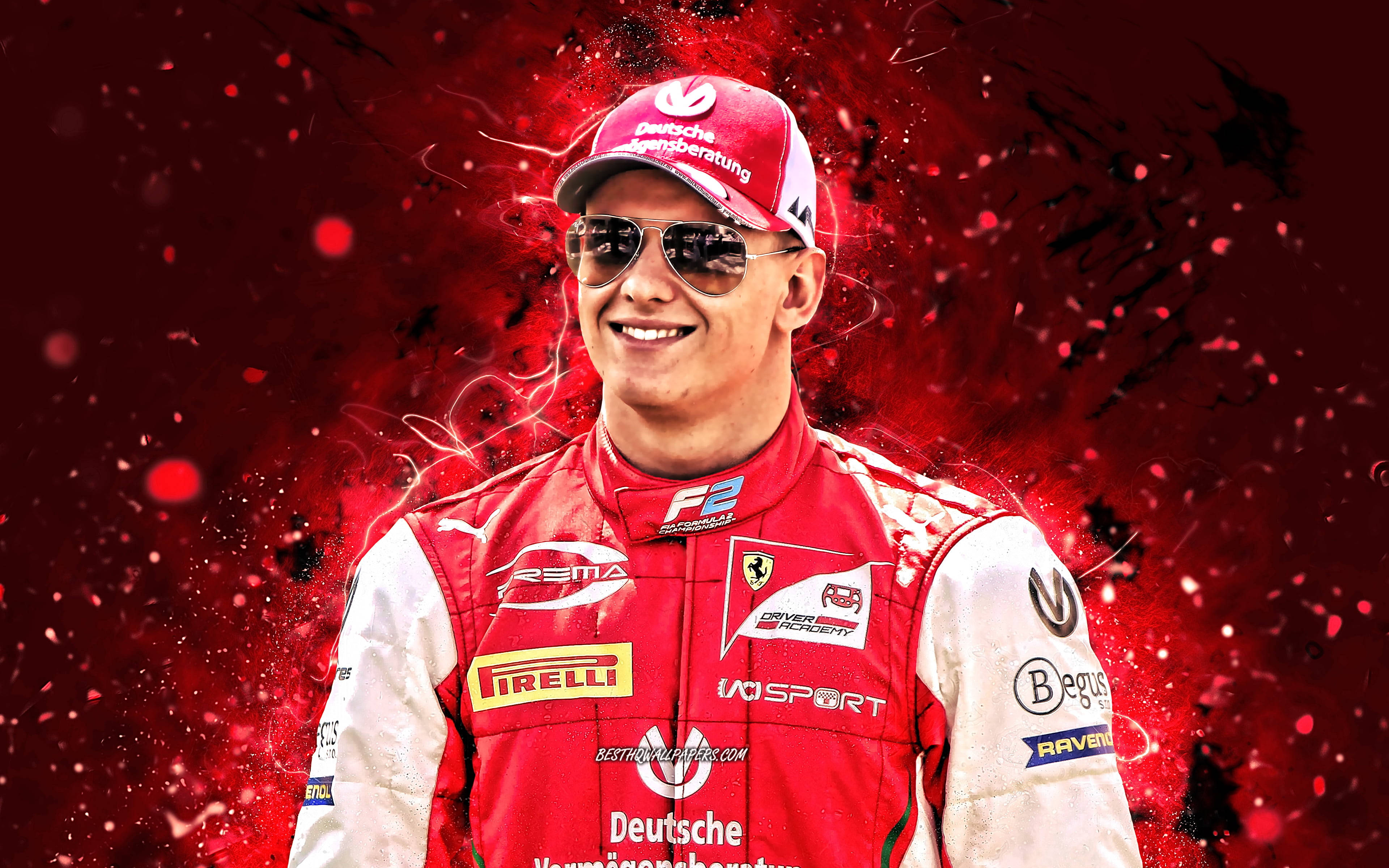 Mick Schumacher, red Ferrari F2 suit, red splatter background, 4K Desktop Wallpaper