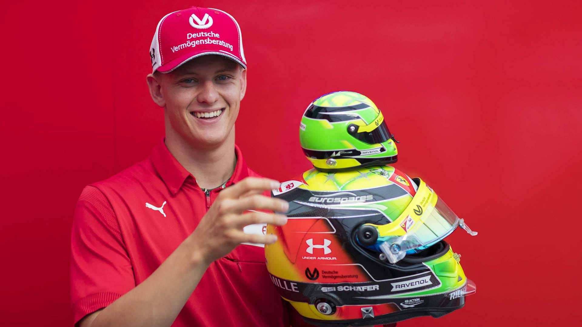 Mick Schumacher, red uniform, vibrant racing helmet, Full HD Desktop Wallpaper
