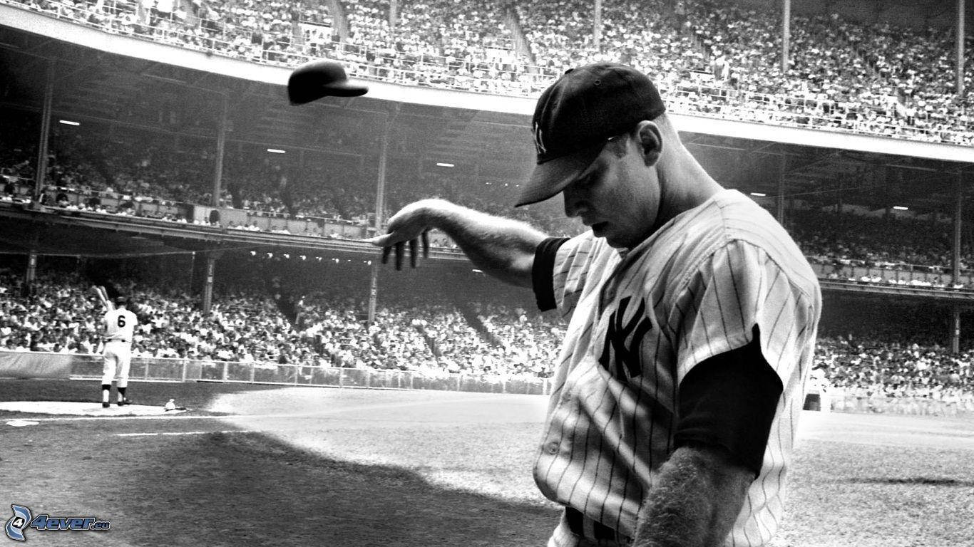 Mickey Mantle, throwing cap, pinstripe uniform, HD Desktop Wallpaper
