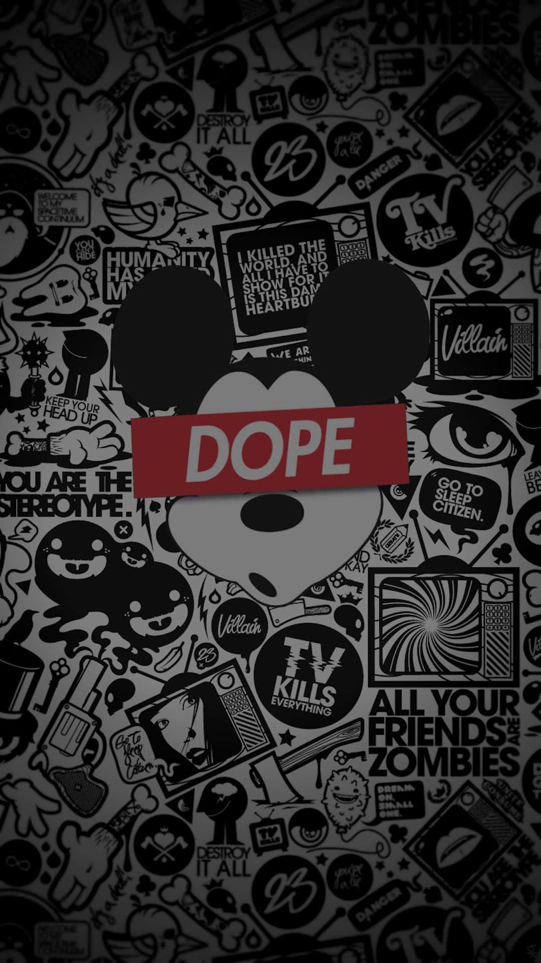 Dope gangster, Mickey Mouse silhouette, red 'DOPE' banner, Full HD Phone Wallpaper