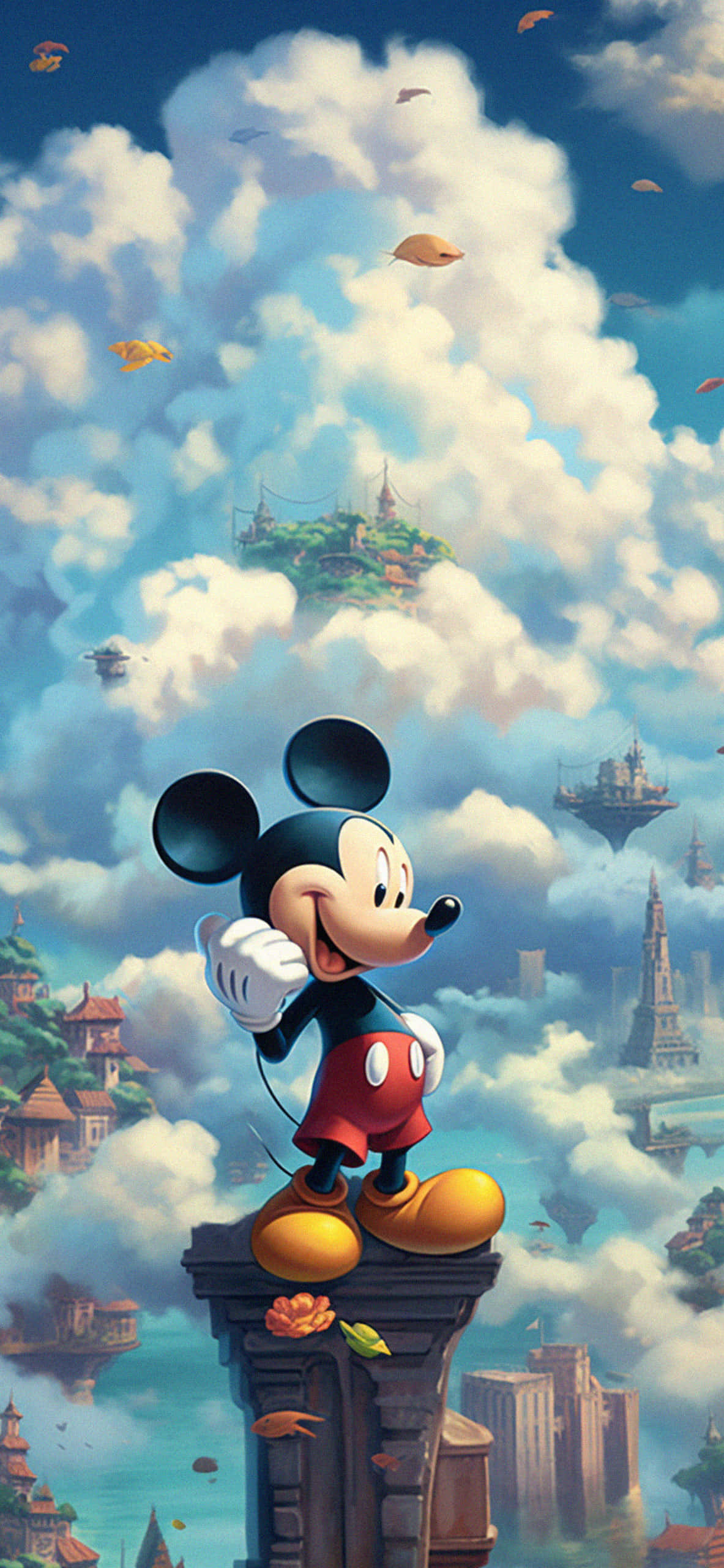 Mickey Mouse, stone pillar, floating islands, 2K Phone Wallpaper
