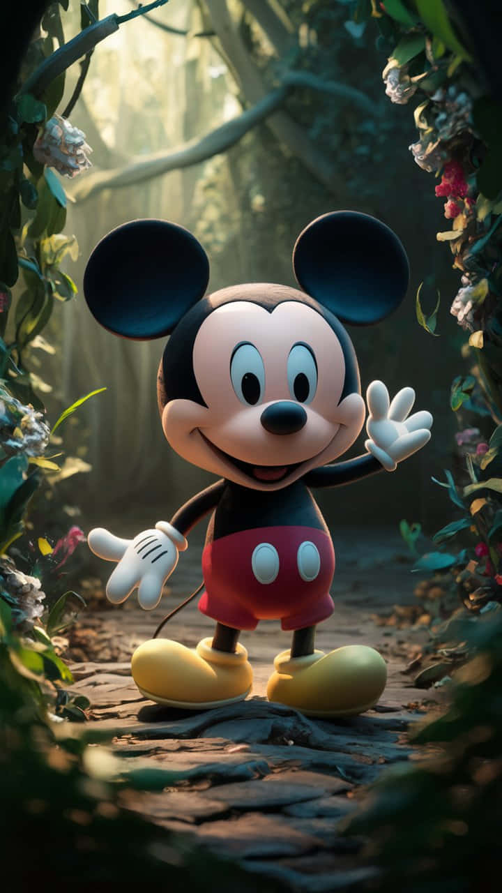 Mickey Mouse, enchanted garden path, sunlit forest path, HD Phone Wallpaper