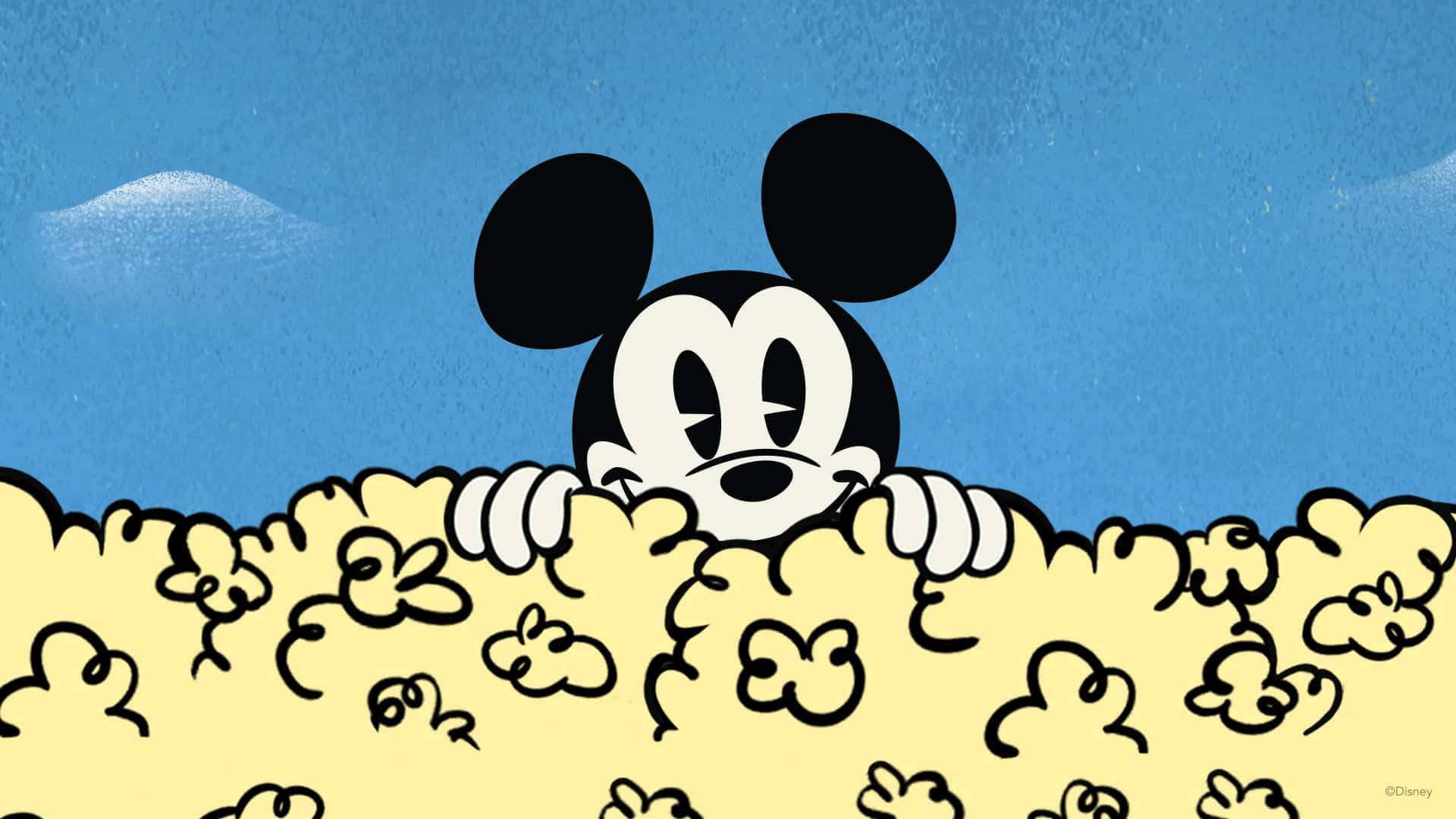 Mickey Mouse, yellow popcorn, textured blue sky, Full HD Desktop Wallpaper