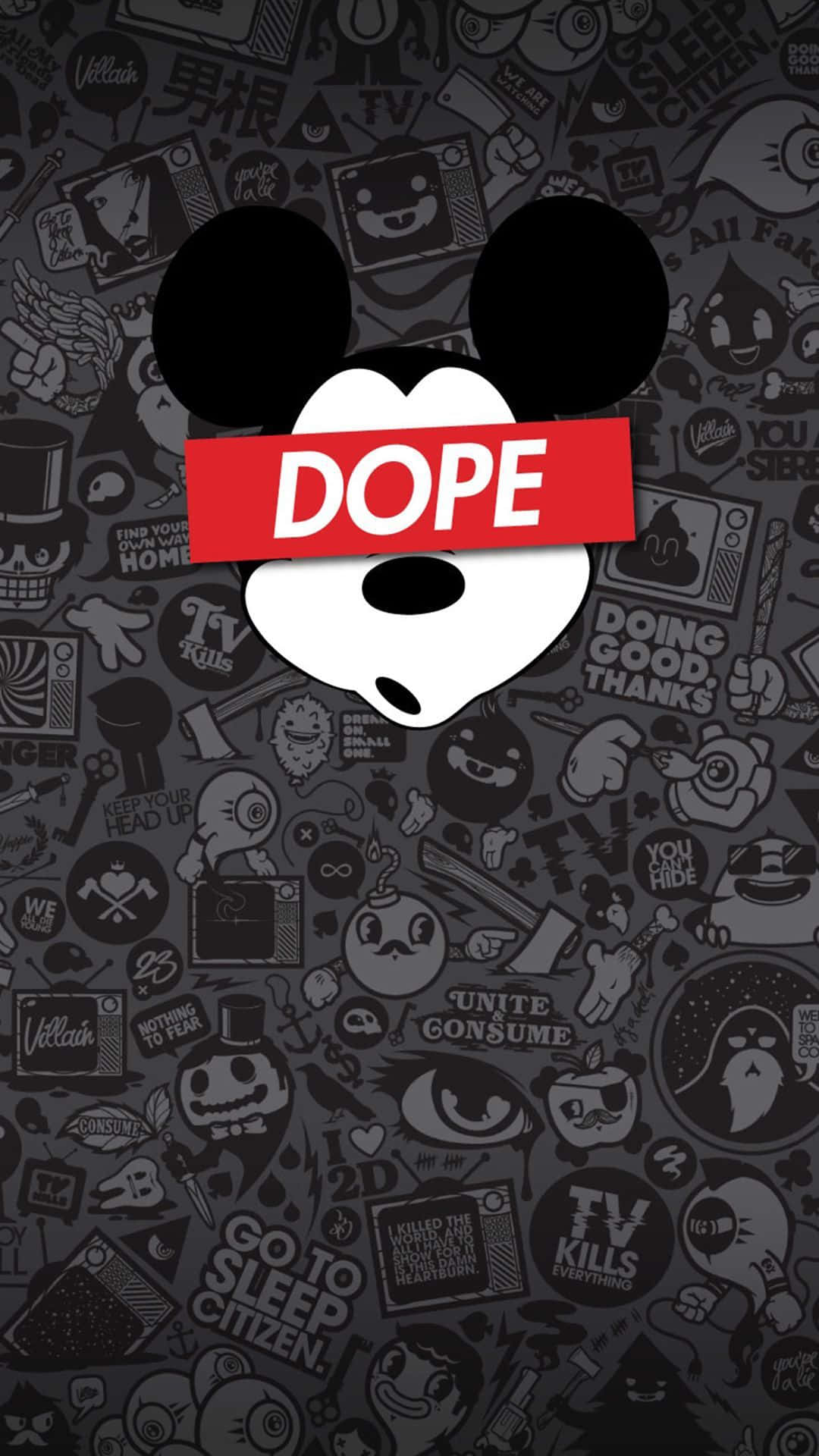 Mickey Mouse, red 'DOPE' banner, dark gray collage, Full HD Phone Wallpaper