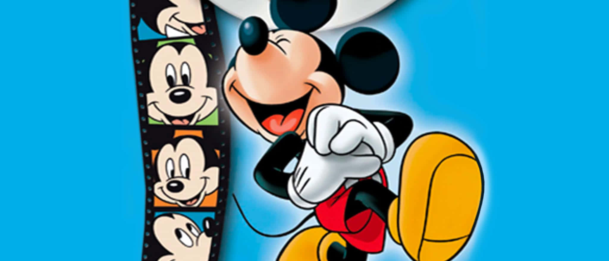 Mickey Mouse, filmstrip, bright blue background, Full HD Desktop Wallpaper