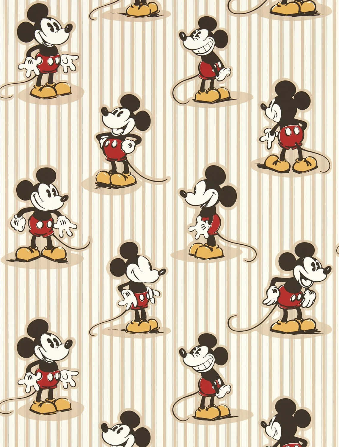 Mickey Mouse, beige vertical stripes, repeating cheerful poses, HD Phone Wallpaper