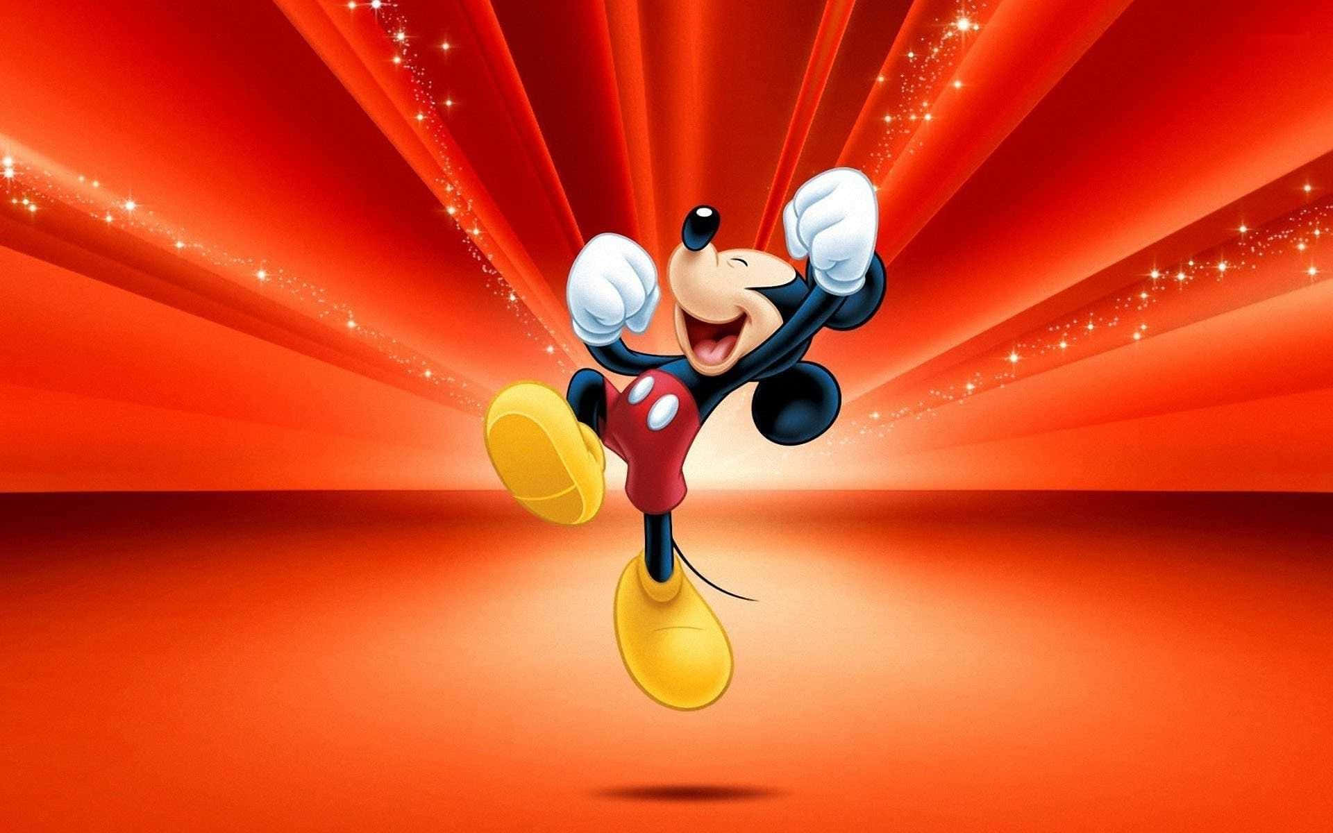 Mickey Mouse, vibrant red background, radiant light beams, Full HD Desktop Wallpaper