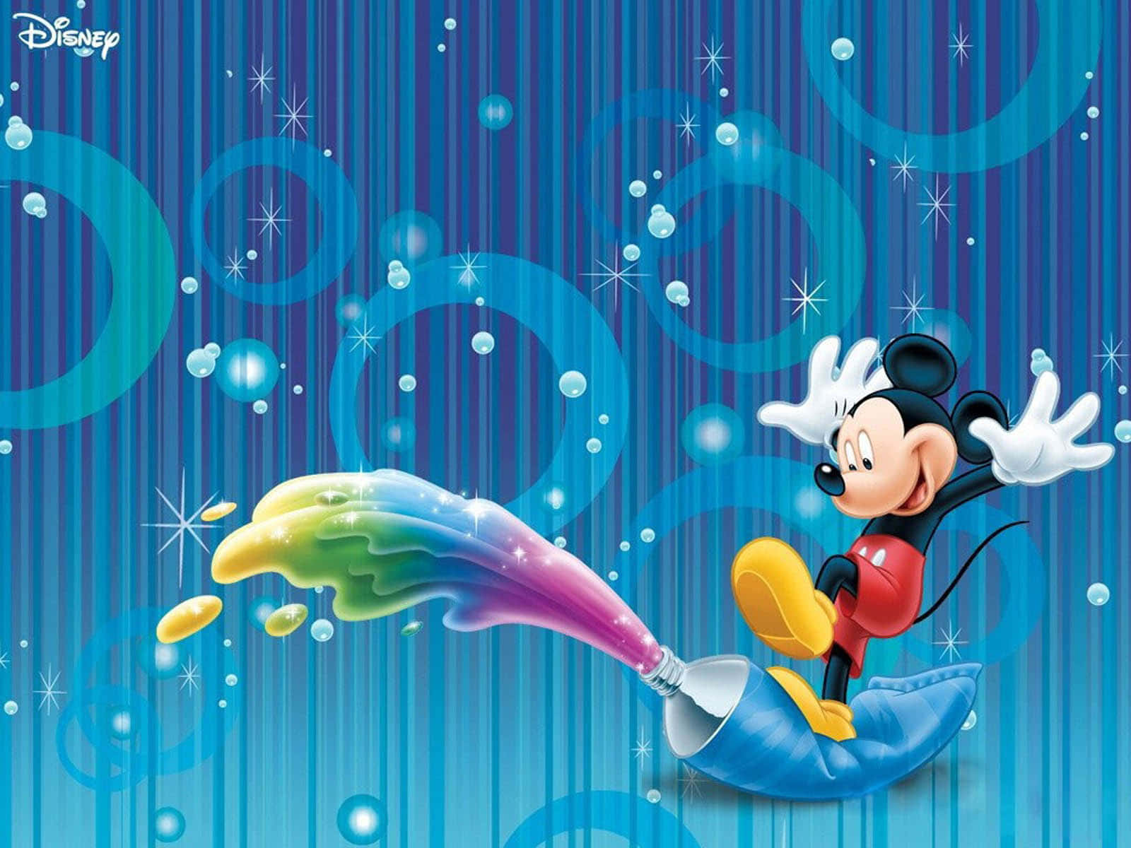 Mickey Mouse, rainbow-colored magic paintbrush, sparkling blue background, HD Desktop Wallpaper