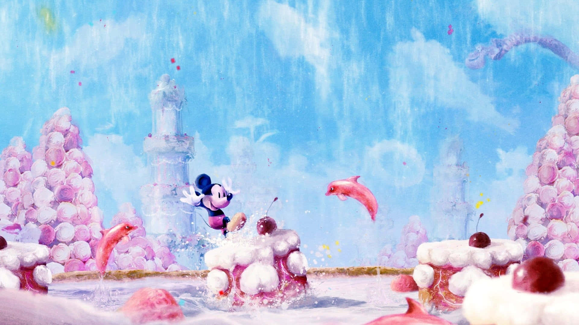 Mickey Mouse, whimsical candyland, pink dolphin fish, Full HD Desktop Wallpaper