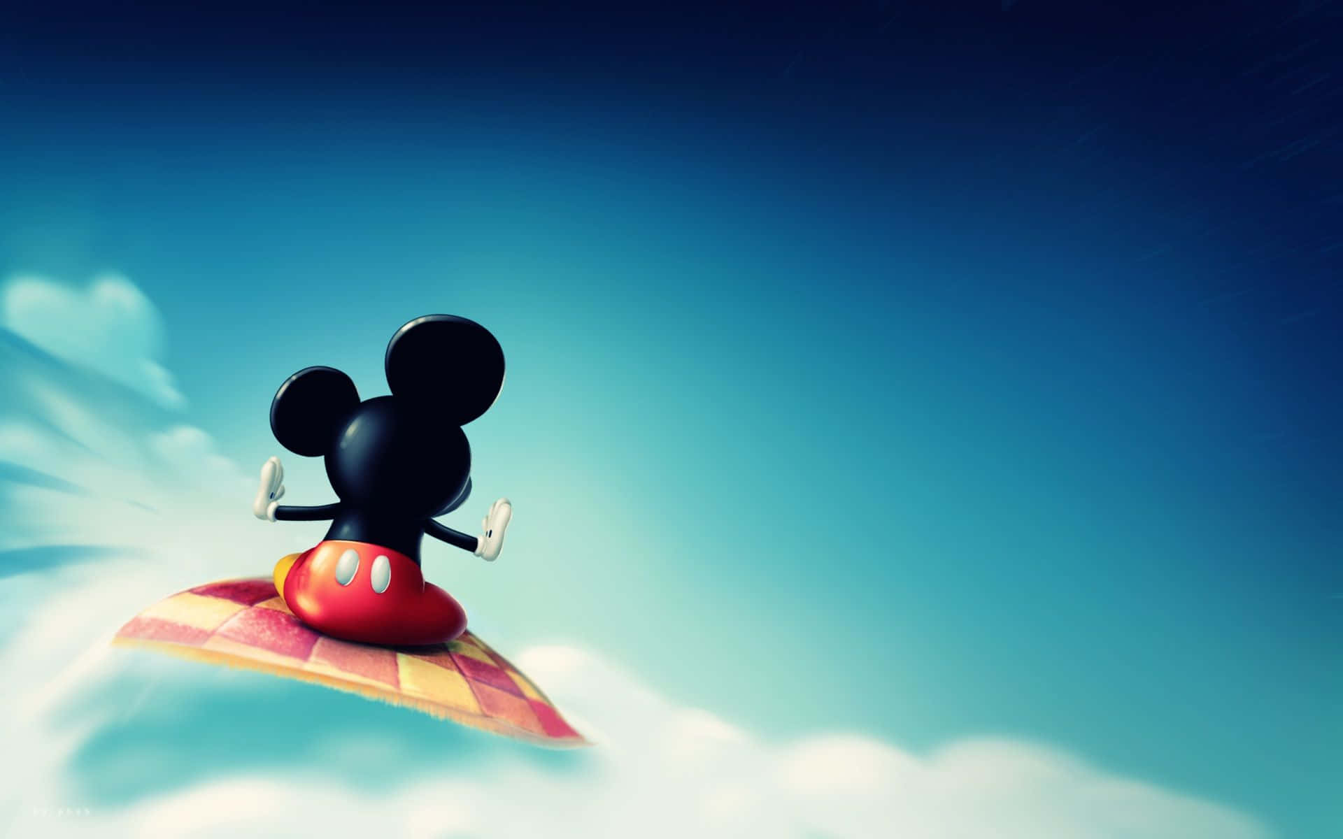 Mickey Mouse, checkered surfboard, fluffy clouds, Full HD Desktop Wallpaper