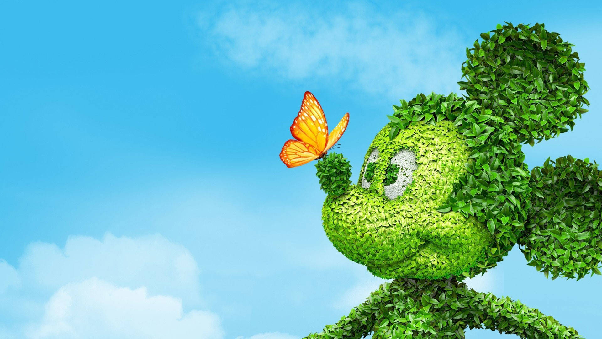 Mickey Mouse, green topiary, butterfly, Full HD Desktop Wallpaper