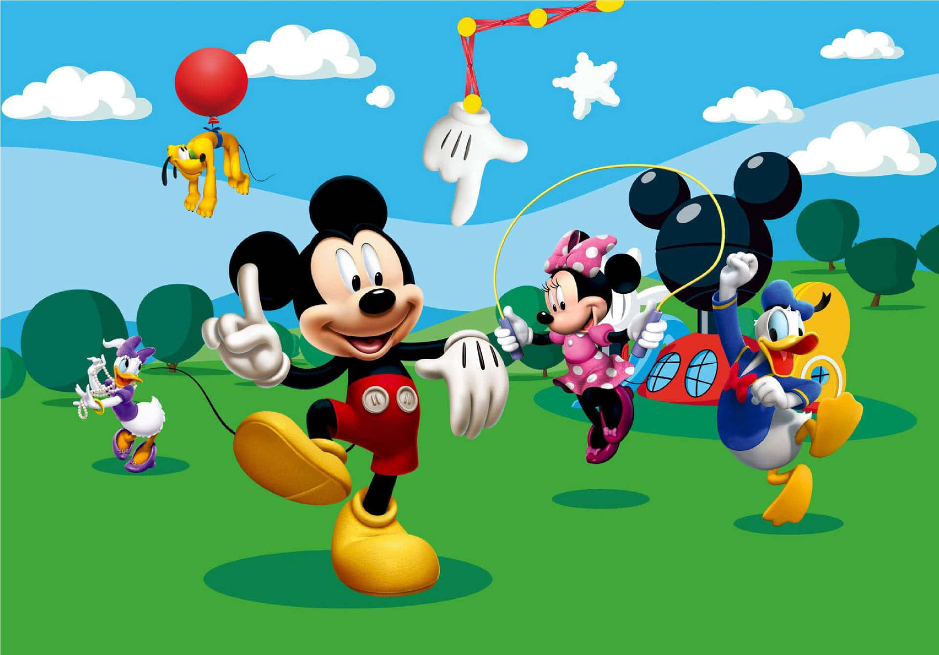 Mickey Mouse, friends, bright green field, Full HD Desktop Wallpaper