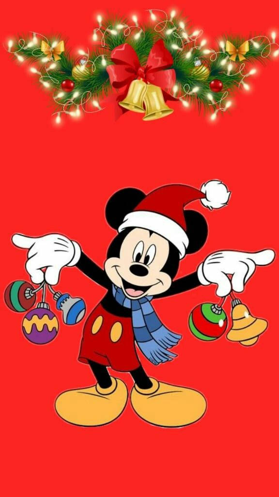 Mickey Mouse, red Santa hat, blue scarf, SD Phone Wallpaper