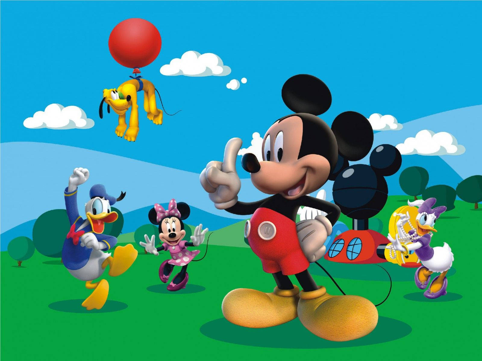 Mickey Mouse, friends, bright green field, HD Desktop Wallpaper