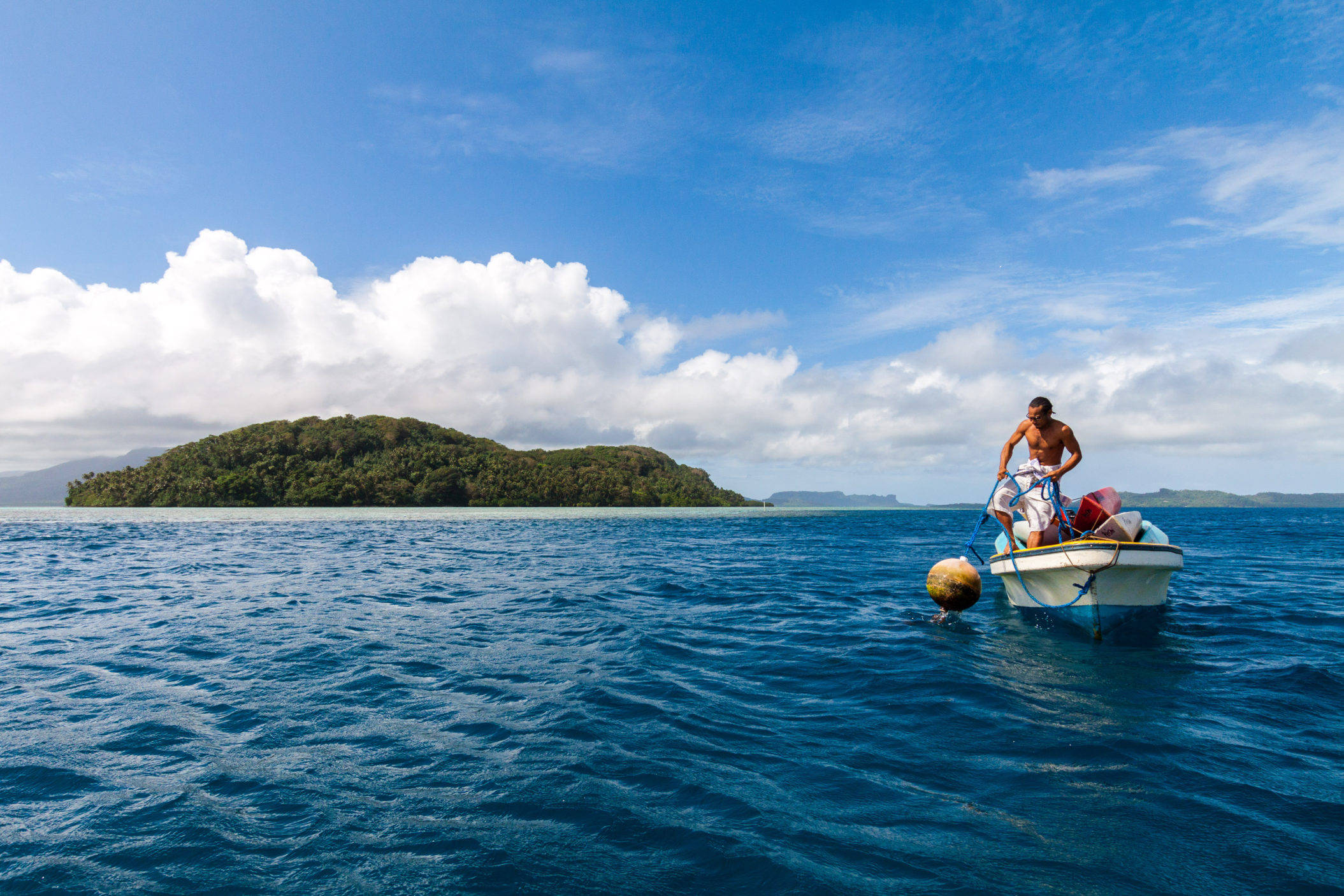 Micronesia, man, small boat, Full HD Desktop Wallpaper