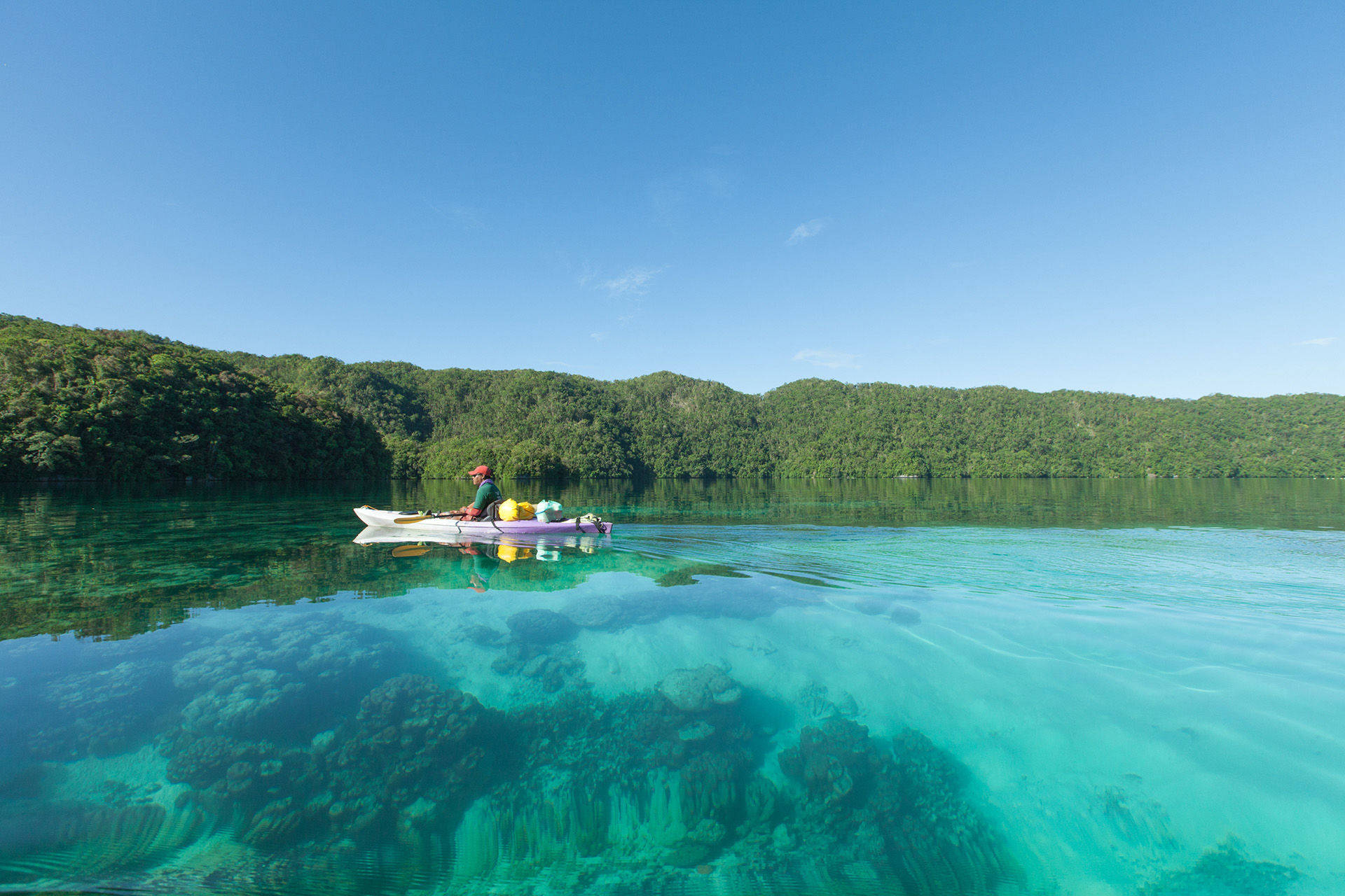 Micronesia, small boat cove, kayaker, Full HD Desktop Wallpaper