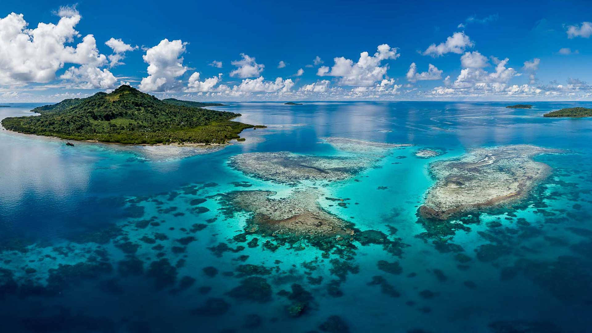 Micronesia, coral reef islands, lush green island, Full HD Desktop Wallpaper