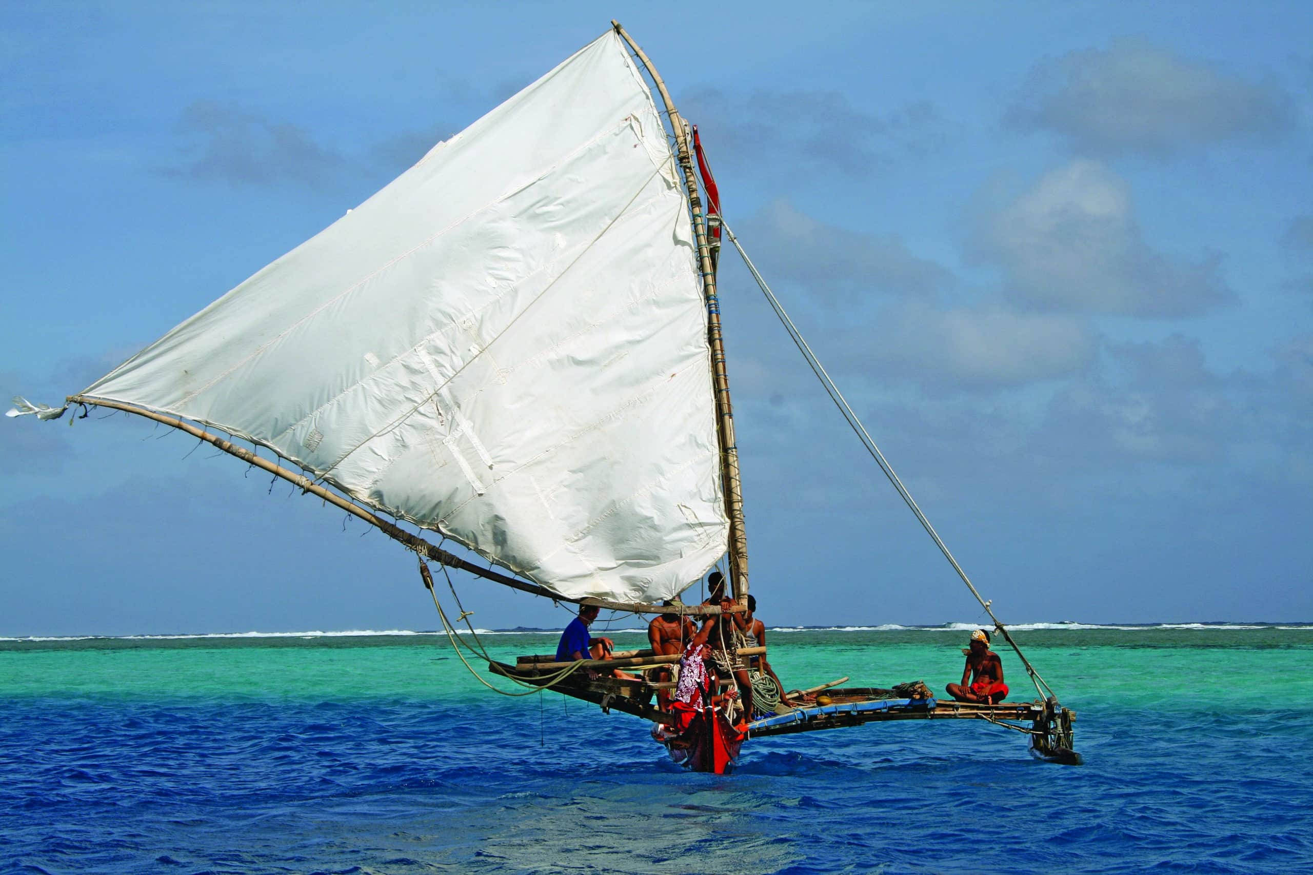 Micronesia, outrigger sailboat, white sail, 2K Desktop Wallpaper