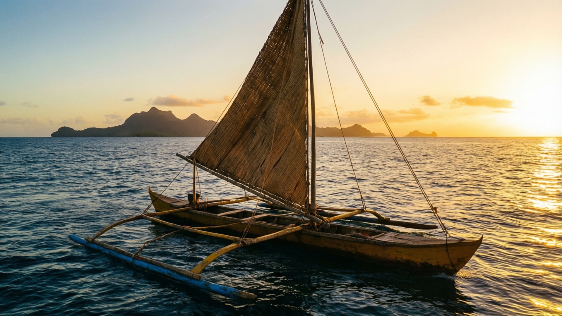 outrigger canoe, sunrise, Micronesia, Full HD Desktop Wallpaper
